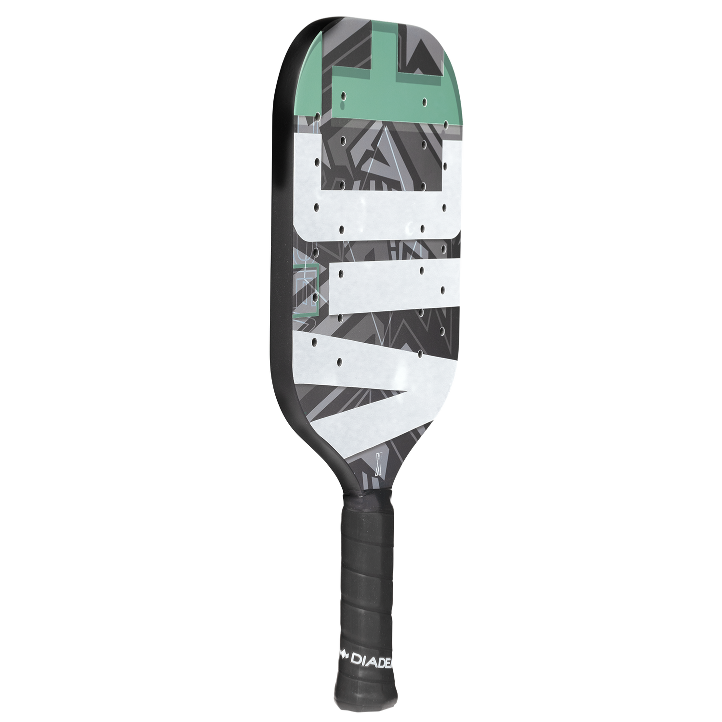 The Diadem Sports Vice pickleball paddle features a black handle, abstract geometric face with bold stripes on light gray, and advanced RP2 Grit Coating for enhanced spin and control.