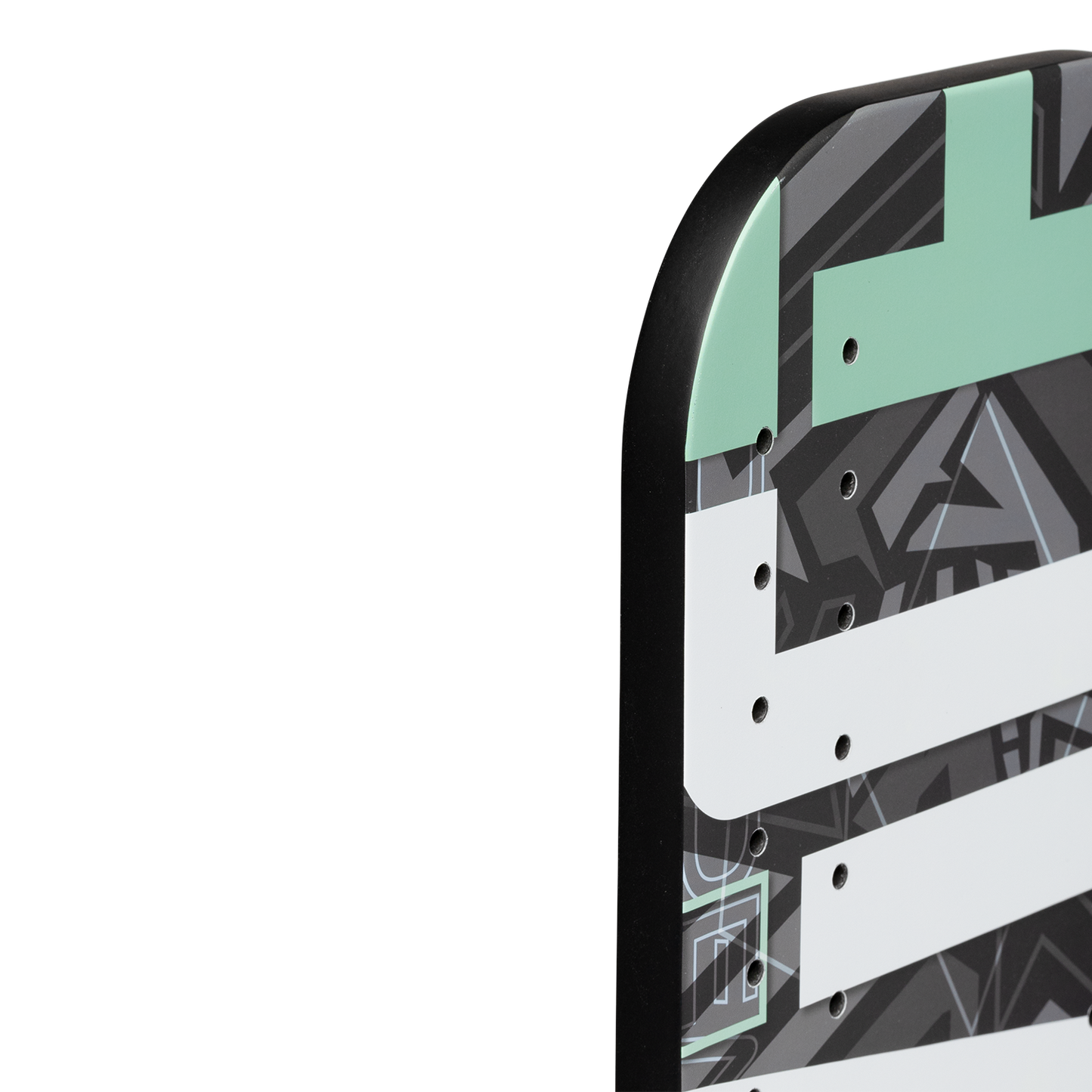 Close-up of the Diadem Sports Vice board corner, featuring a black edge and RP2 Grit Coating. Overlapping geometric shapes in black, white, mint green, and gray appear, plus several small holes lined up. The background is plain white.