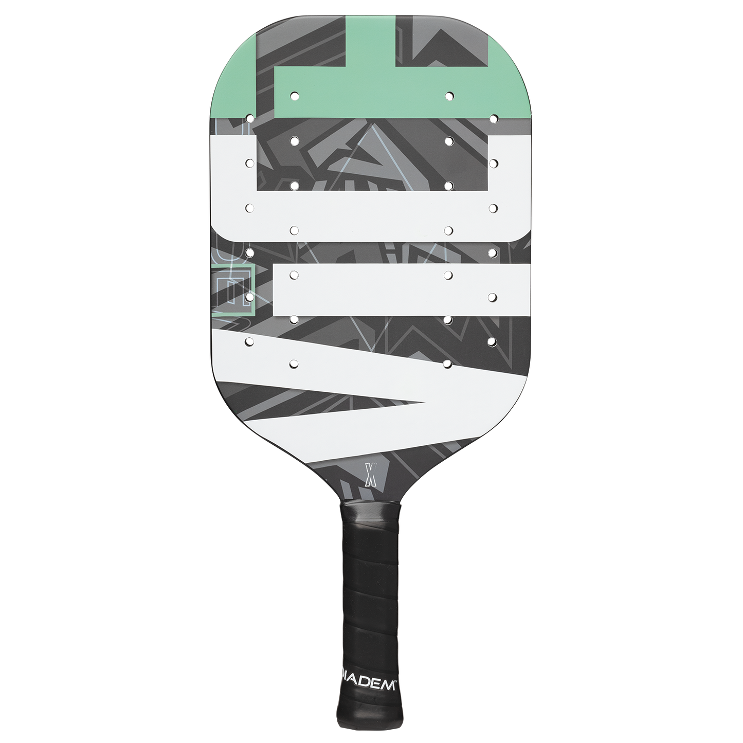 The Diadem Sports Vice pickleball paddle features a black, white, and green angular geometric design, durable EVA foam core with rows of small holes, a textured black handle, and “MADEM” printed in white at the base.