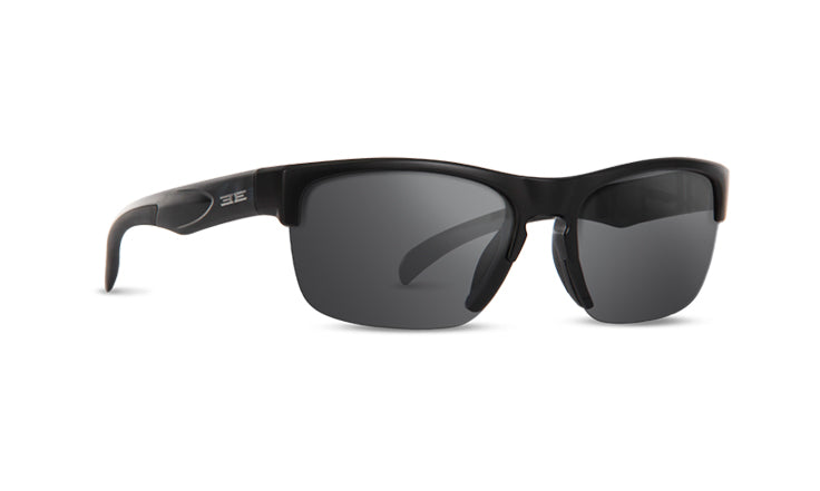 The Victor Sunglasses by Epoch Eyewear feature a sleek, matte black half-frame design with dark rectangular lenses, curved arms, a slightly raised bridge, and subtle temple detailing for a modern, athletic look.