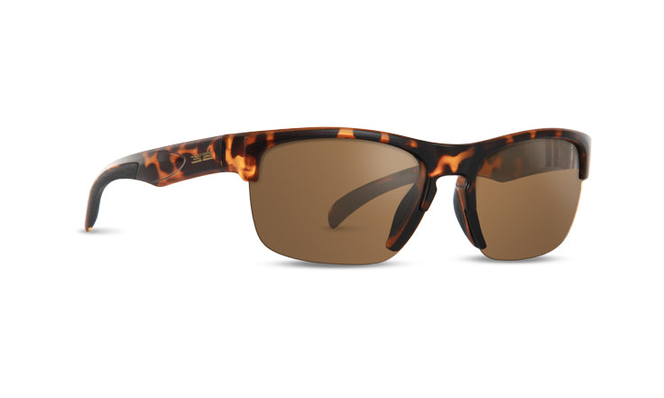 Epoch Eyewear’s Victor Sunglasses feature brown-tinted lenses and a sporty, curved semi-rimless tortoiseshell-patterned frame in brown and amber, combining style with function through their wide arms and modern design.