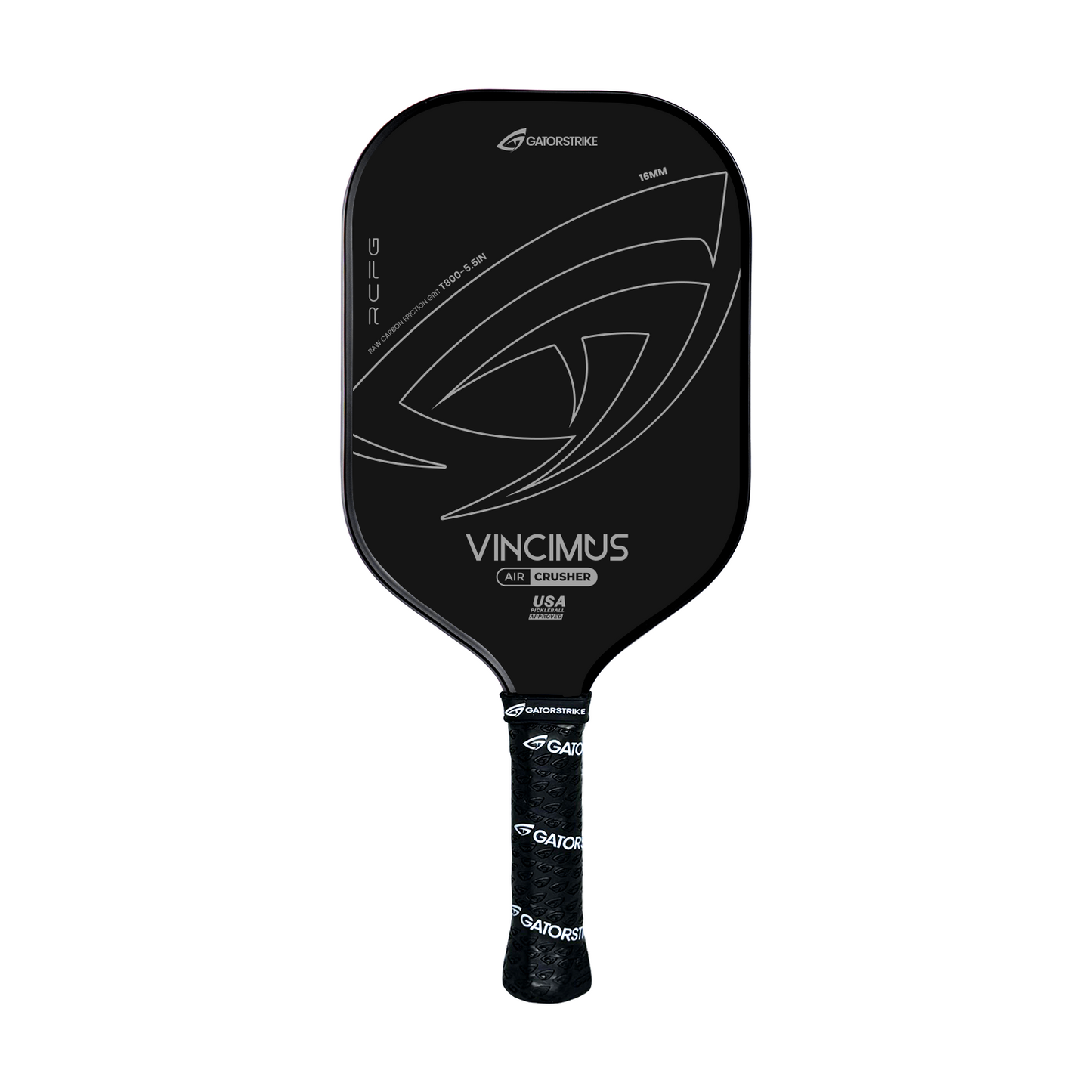 A black GATORSTRIKE Vincimus AIR CRUSHER T800 pickleball paddle with a matte carbon fiber grit surface, white geometric lines, and brand logo on the top. The handle features a textured black grip with repeating white GATORSTRIKE logos.