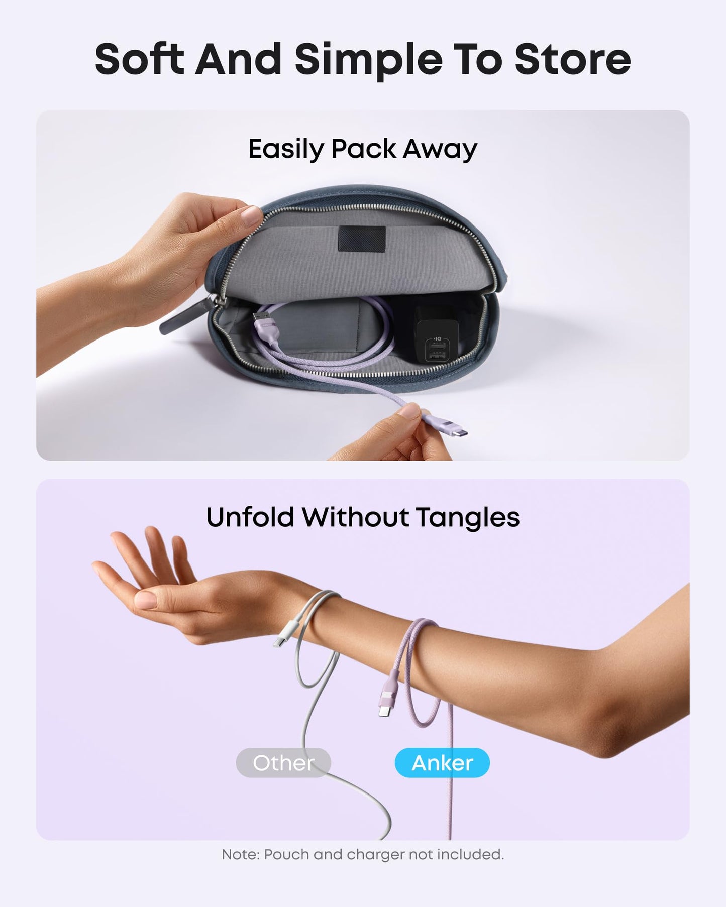 Top: A hand places the Anker USB-A to USB-C Cable (3 ft/6 ft, Upcycled-Braided) by Anker into a gray zippered pouch with other gadgets. Bottom: The Anker cable is neat and tangle-resistant; the rival cable appears tangled.