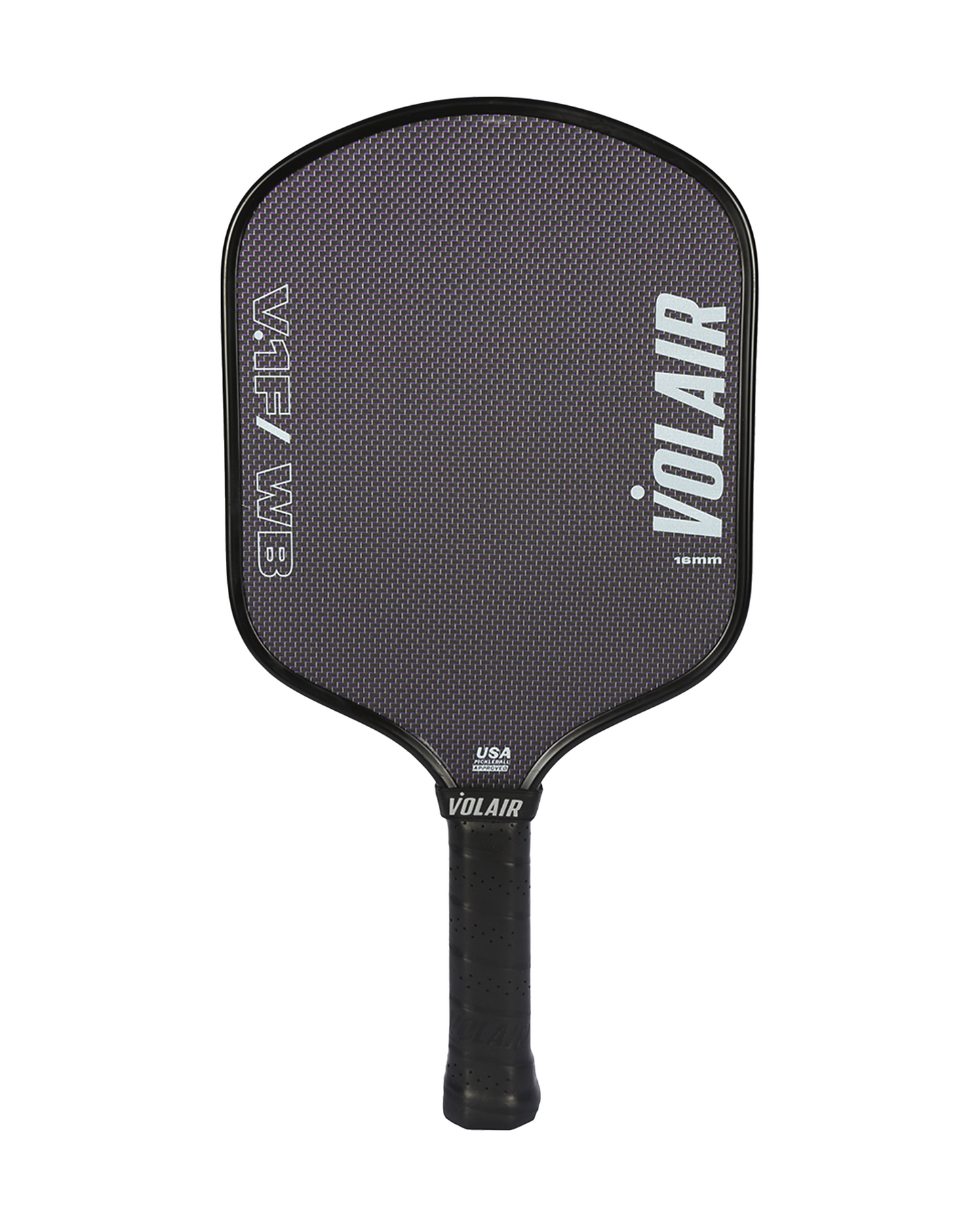 A black Volair Pickleball V.1F/WB 16mm paddle with a textured T700 carbon fiber face, “VOLAIR” in bold white letters, “V.1F/WB” vertically, and “USA PICKLEBALL APPROVED” on the black-wrapped handle near the base.