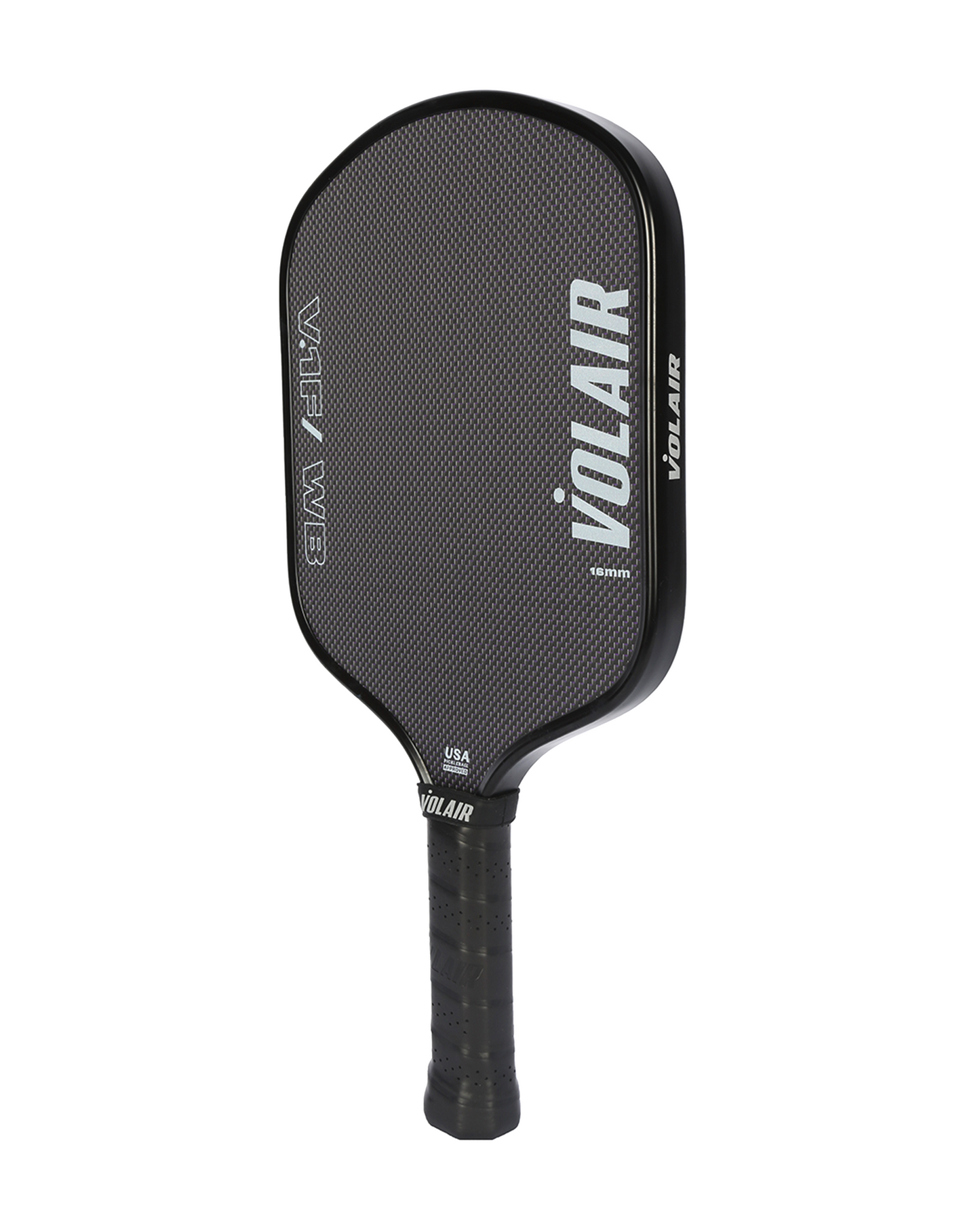 The Volair Pickleball V.1F/ WB 16mm paddle is USAP approved, features a comfortable handle, and is crafted from durable T700 carbon fiber.