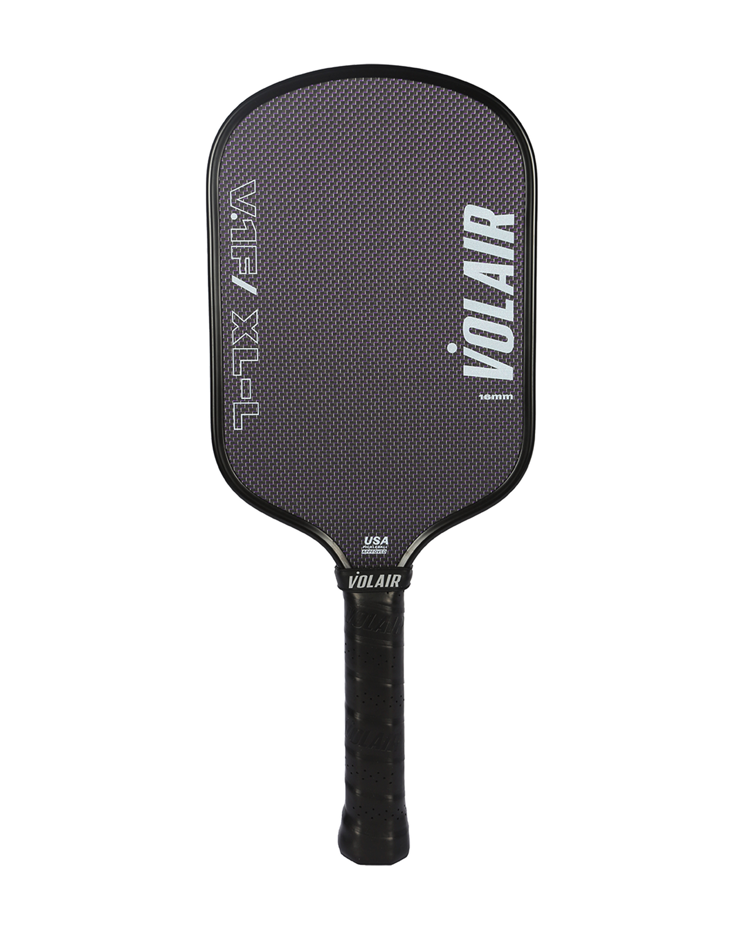 A black Volair Pickleball V.1F/XL–L 16mm paddle with a textured T700 Carbon Fiber face, white “VJF-X L” and “VOLAIR” text, black grip tape handle, and “USA Pickleball Approved” above the handle on a plain white background.