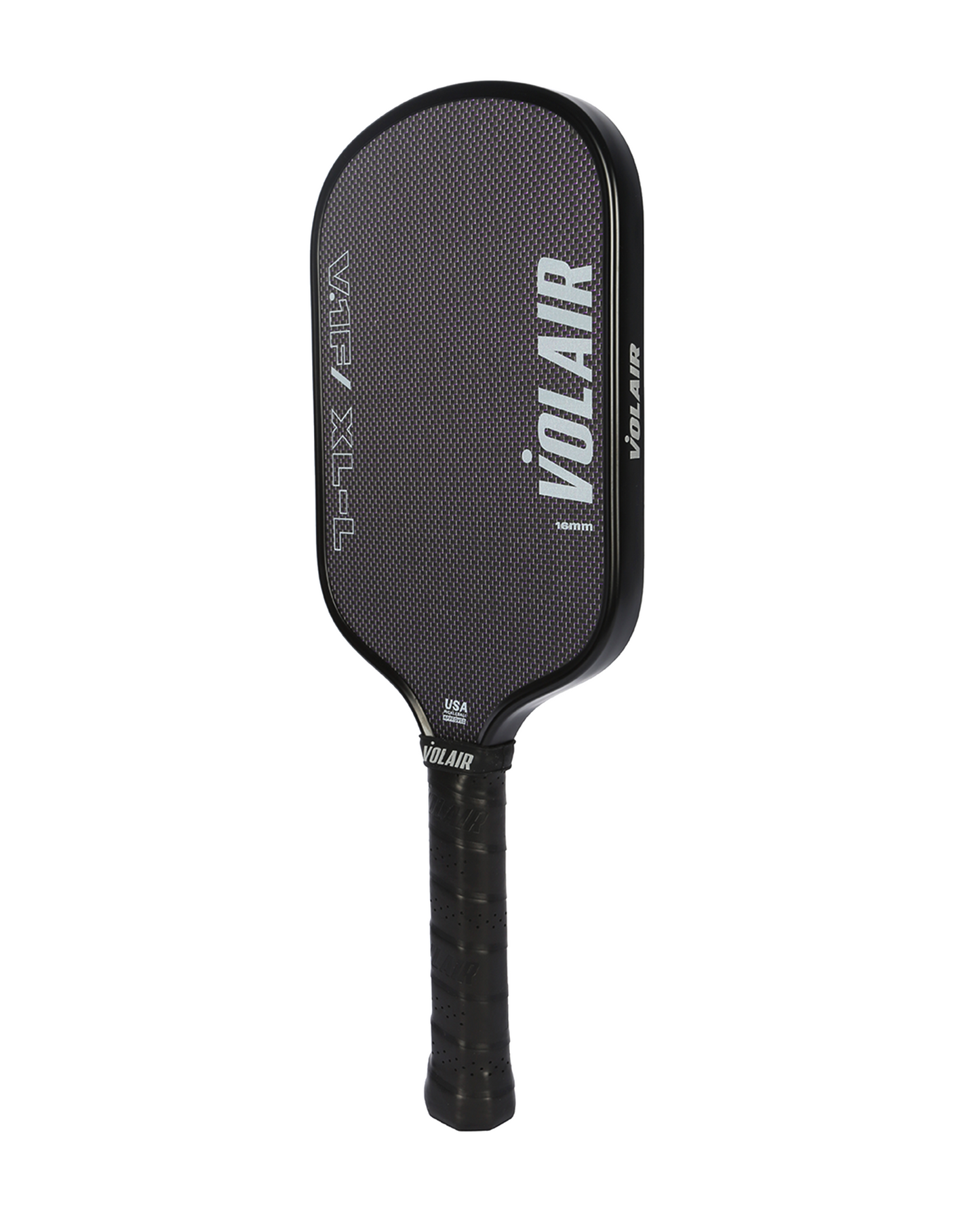 The Volair Pickleball V.1F/ XL–L 16mm paddle stands upright on a white background. It has a T700 carbon fiber textured face with VOLΛIR in white, thermoformed construction, and a handle wrapped in black grip tape.