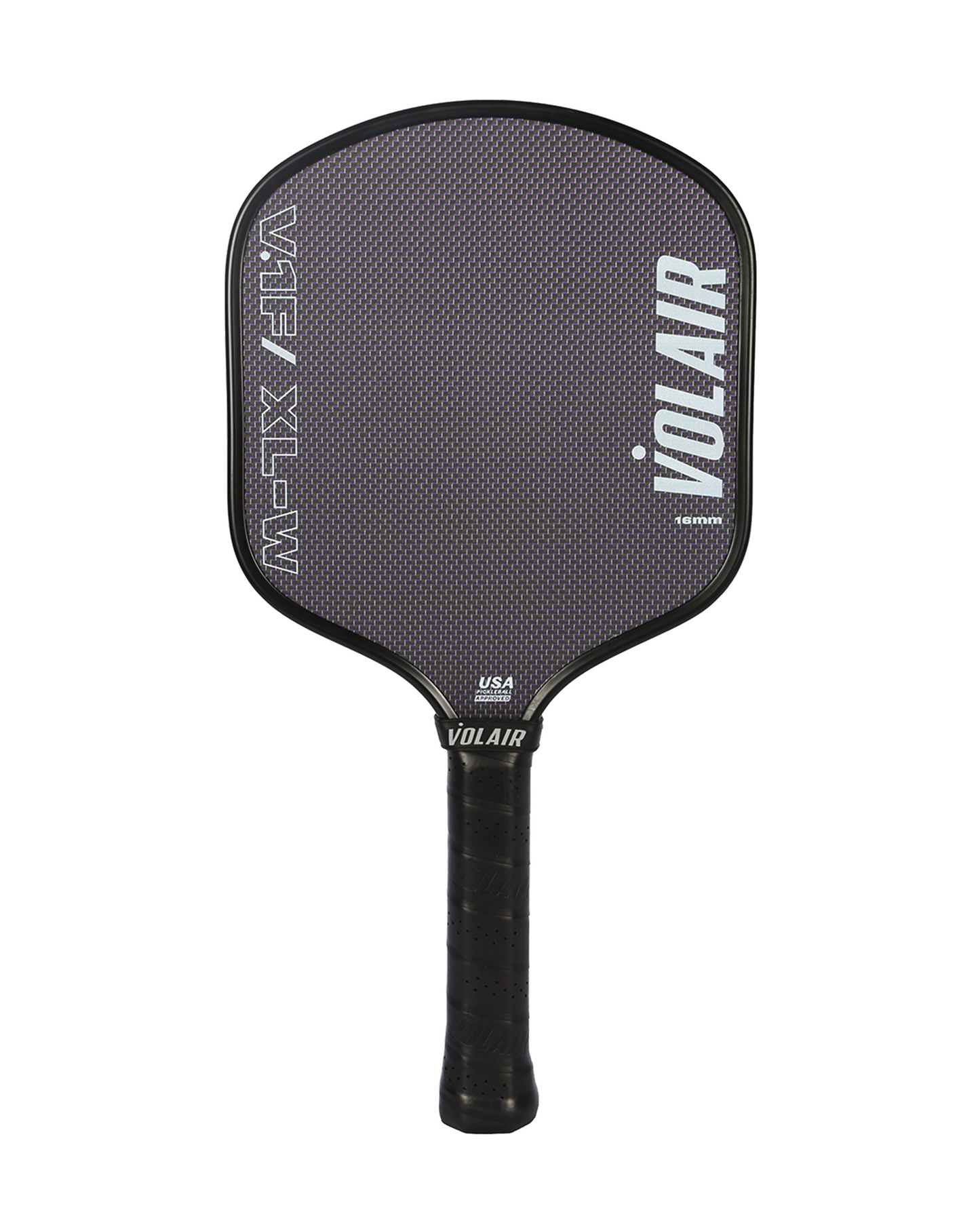 The Volair Pickleball V.1F/XL–W 16mm paddle has a black carbon fiber, textured face with bold white "VÖLAIR" right edge branding, "V.1F/XL–W" left text, a black grip, and the USAP approved logo at the base.