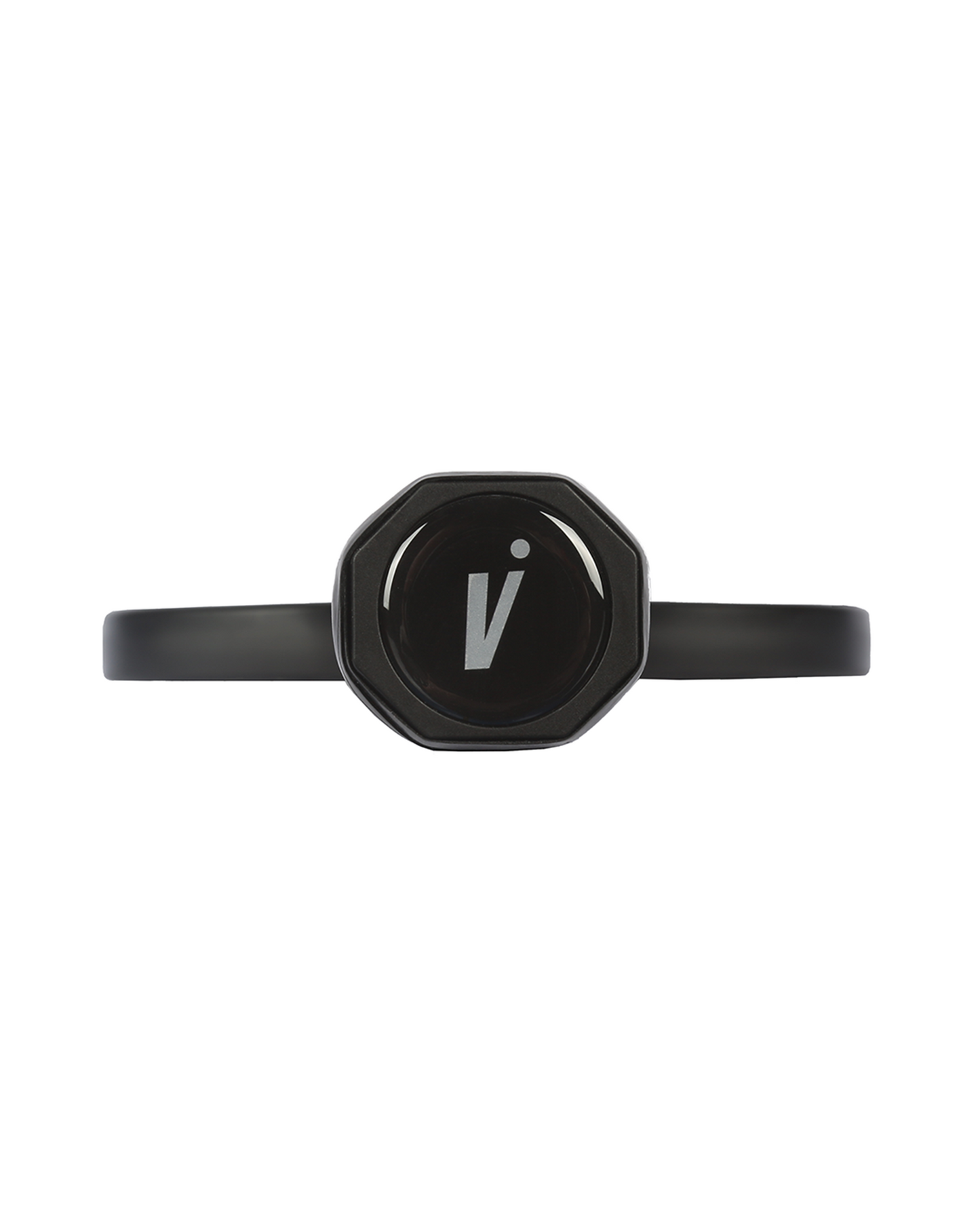 A black wearable wristband with a round, slightly octagonal face features a white stylized V logo—its minimalistic, sleek matte design as modern and refined as the Volair Pickleball V.1F/ XL–W 16mm pickleball paddle.