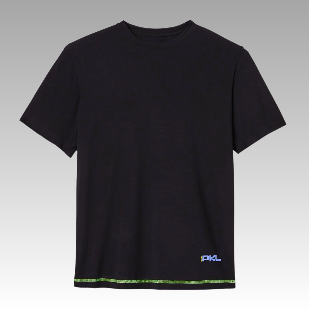 The Playly Store Warrior Tee is a black, moisture-wicking athletic shirt with green trim—designed for performance and perfect as your go-to Pickleball gear.