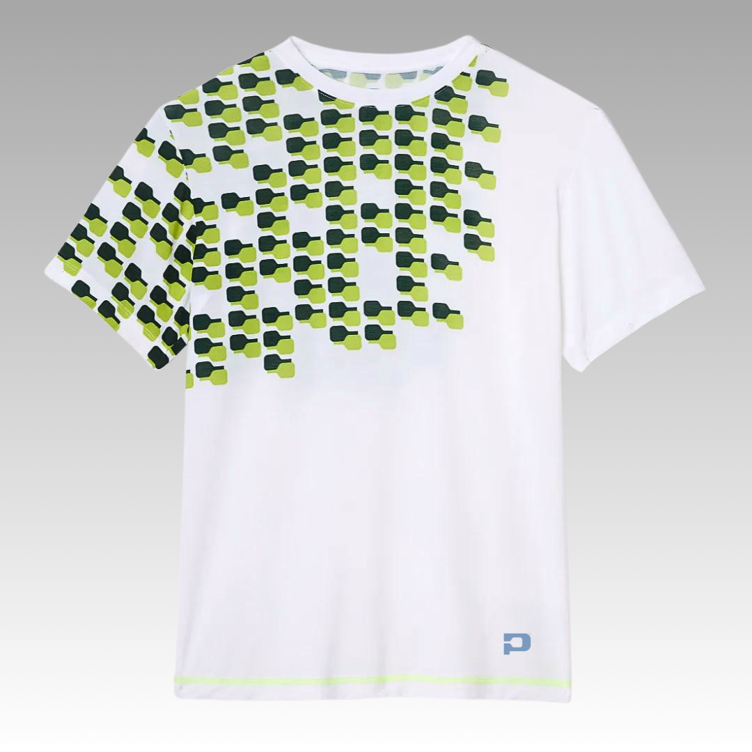 The Playly Store's Warrior Tee 2.0 is a white short-sleeve pickleball shirt featuring a geometric green rectangle pattern on the upper left and sleeve, a blue logo by the lower right hem, and a thin yellow line above the bottom edge.