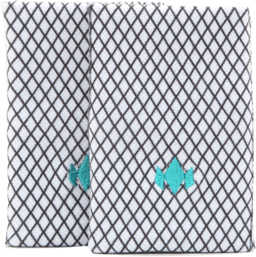 Two folded white towels featuring a black diamond grid and turquoise blue Diadem Sports logos recall the sleek design of Diadem DryCore Wristband - 4.5" Thin. The towels are displayed side by side on a plain white background.