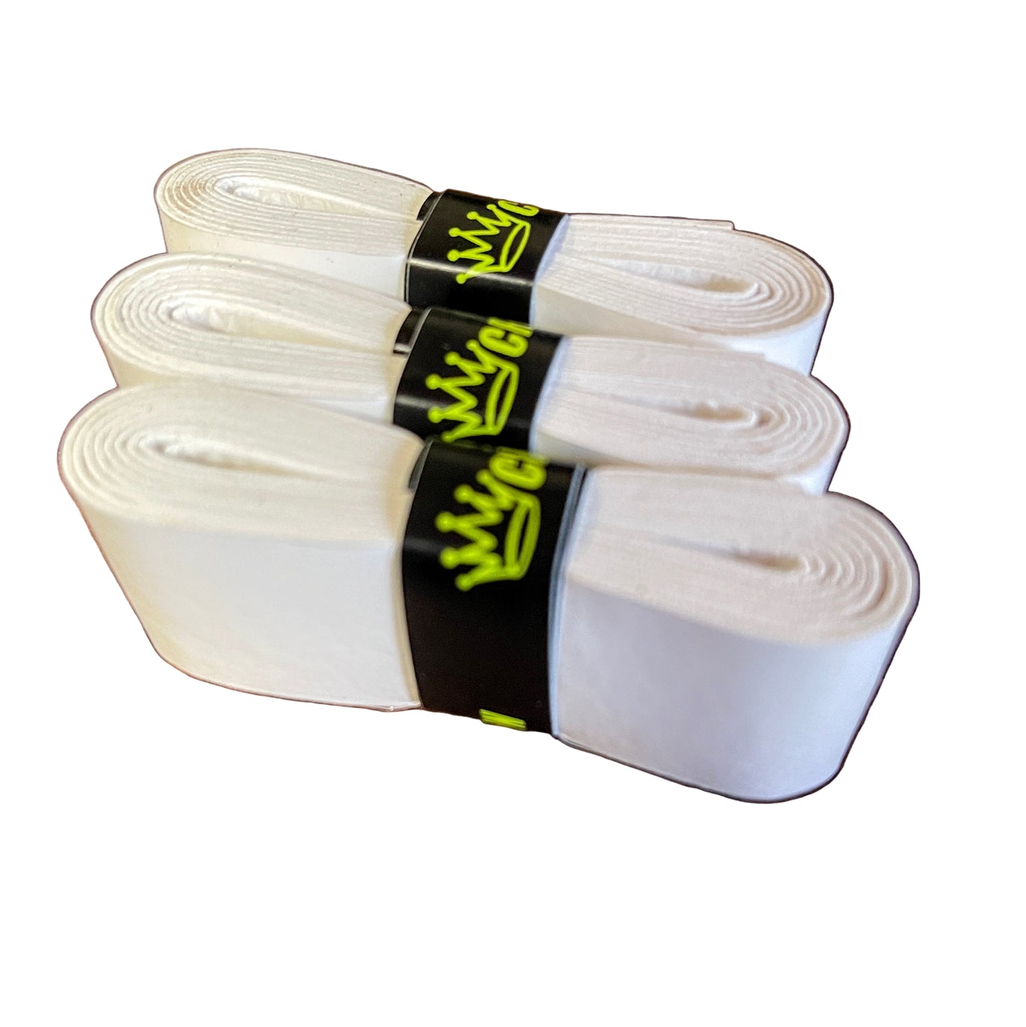 Three white martial arts belts, each with a black band bearing Crown Pickleball’s yellow crown logo, are stacked side by side—tidy as Crown Pickleball Overgrips designed for enhanced grip and sweat absorption, set against a clean white background.