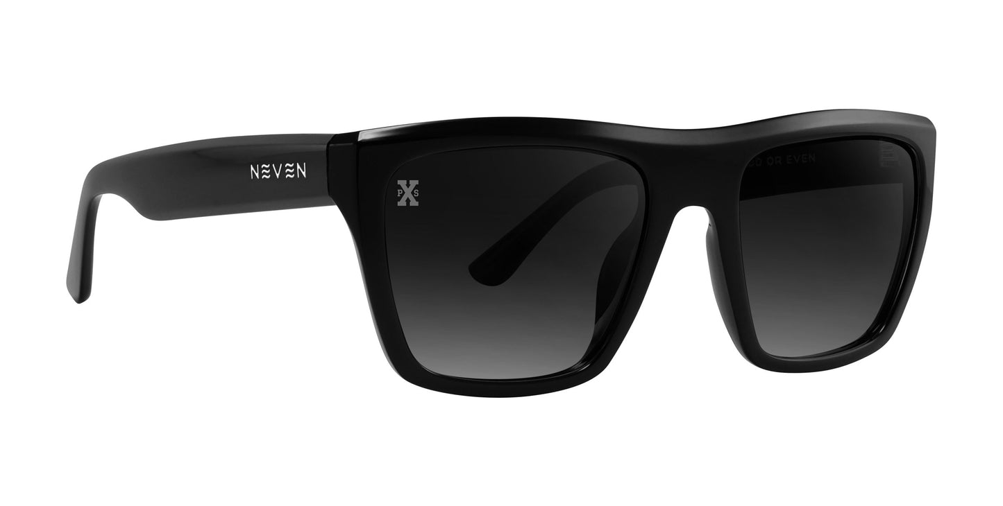 The Carbon by Neven Eyewear are black polarized sunglasses with thick frames, dark tinted lenses, and bold modern styling. "Neven Eyewear" in white on the left arm and a small X logo on the left lens near the hinge complete the look.