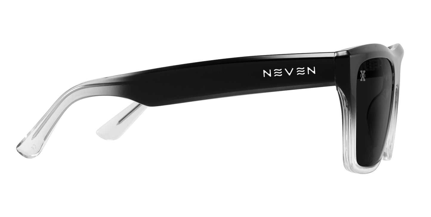 Side view of Neven Eyewear's Polaris, a limited edition with black gradient frames and clear arm ends. "NEVEN" is in white on the left arm. Features dark polarized reflective lenses, shown against a plain white background.