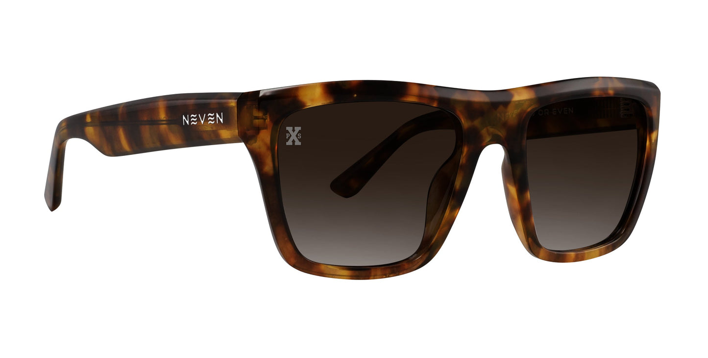 The Sepia by Neven Eyewear are rectangular polarized sunglasses with a thick, glossy tortoiseshell frame, dark tinted lenses, "NEVEN" in silver on the left arm, and a small X graphic inside the right lens near the edge.