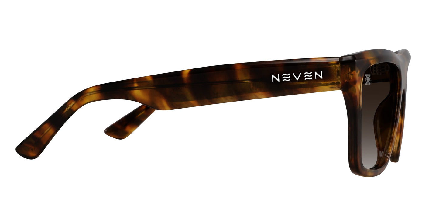 Side view of Sepia sunglasses by Neven Eyewear with bold tortoise shell thick frames. The left arm shows the white NEVEN logo in a modern font. Tinted polarized lenses make these sunglasses stylish and functional.