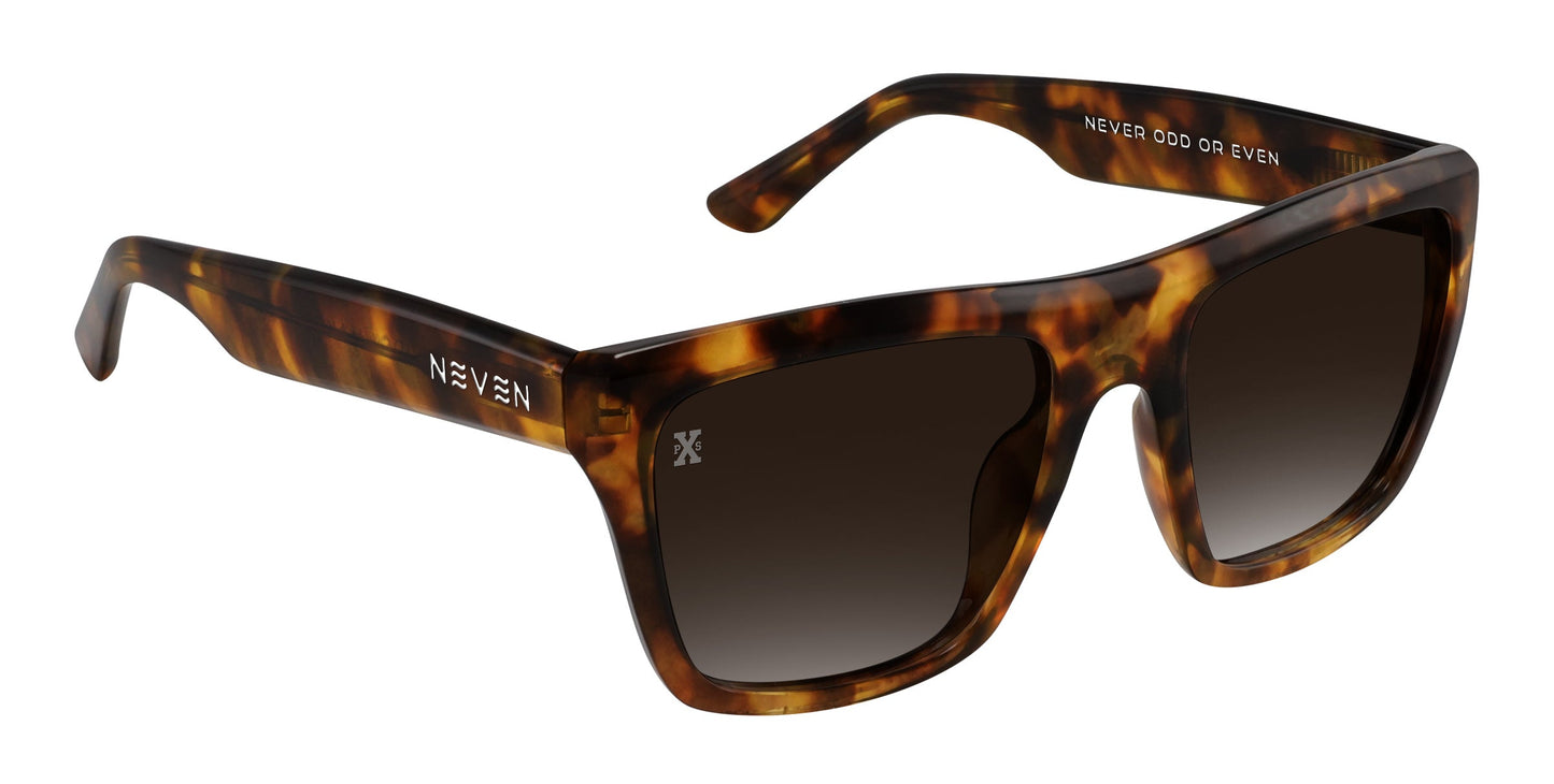 Sepia by Neven Eyewear: rectangular tortoise shell sunglasses with a brown and amber frame, dark polarized gradient lenses, NEVEN in white on the left arm, and NEVER ODD OR EVEN inside the right arm.