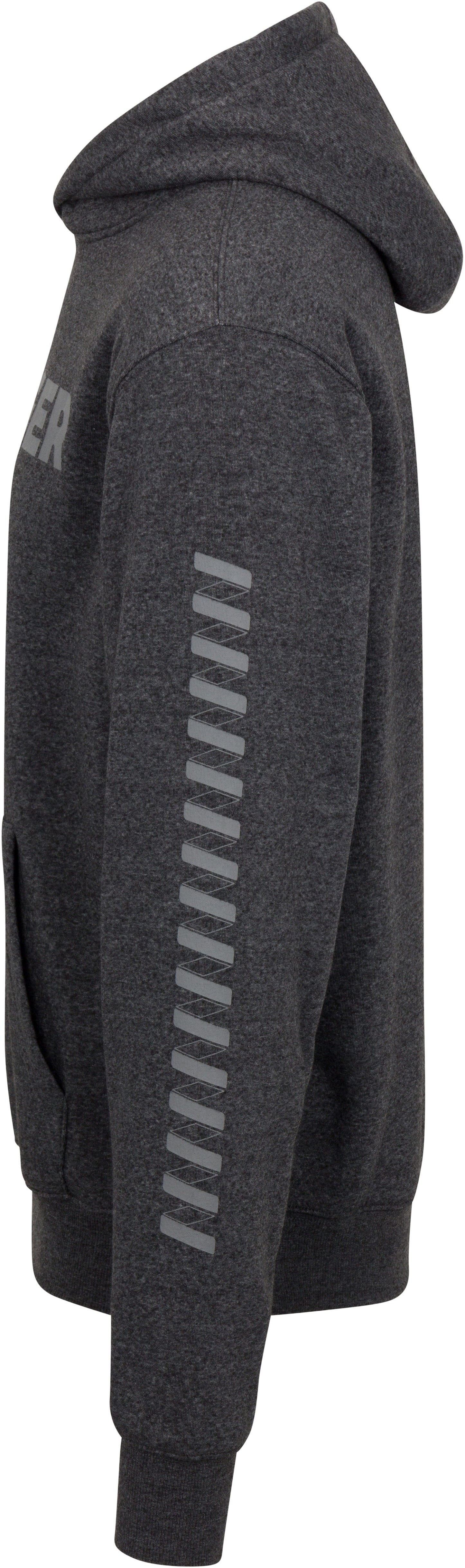 Wringer Wear Men's Core Wringer Graphic Hoodie in dark gray, shown in profile with a front pouch pocket, ribbed cuffs and hem, horizontal sleeve stripes, and a partially visible graphic on the chest for durable athletic performance.