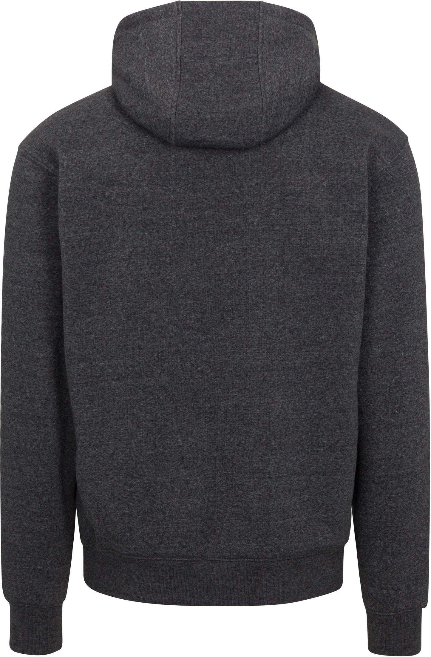 The Men's Core Wringer Graphic Hoodie by Wringer Wear is shown from the back in dark gray, featuring long sleeves, ribbed cuffs and hem. The soft, textured fabric offers durable performance with no visible logos or designs.