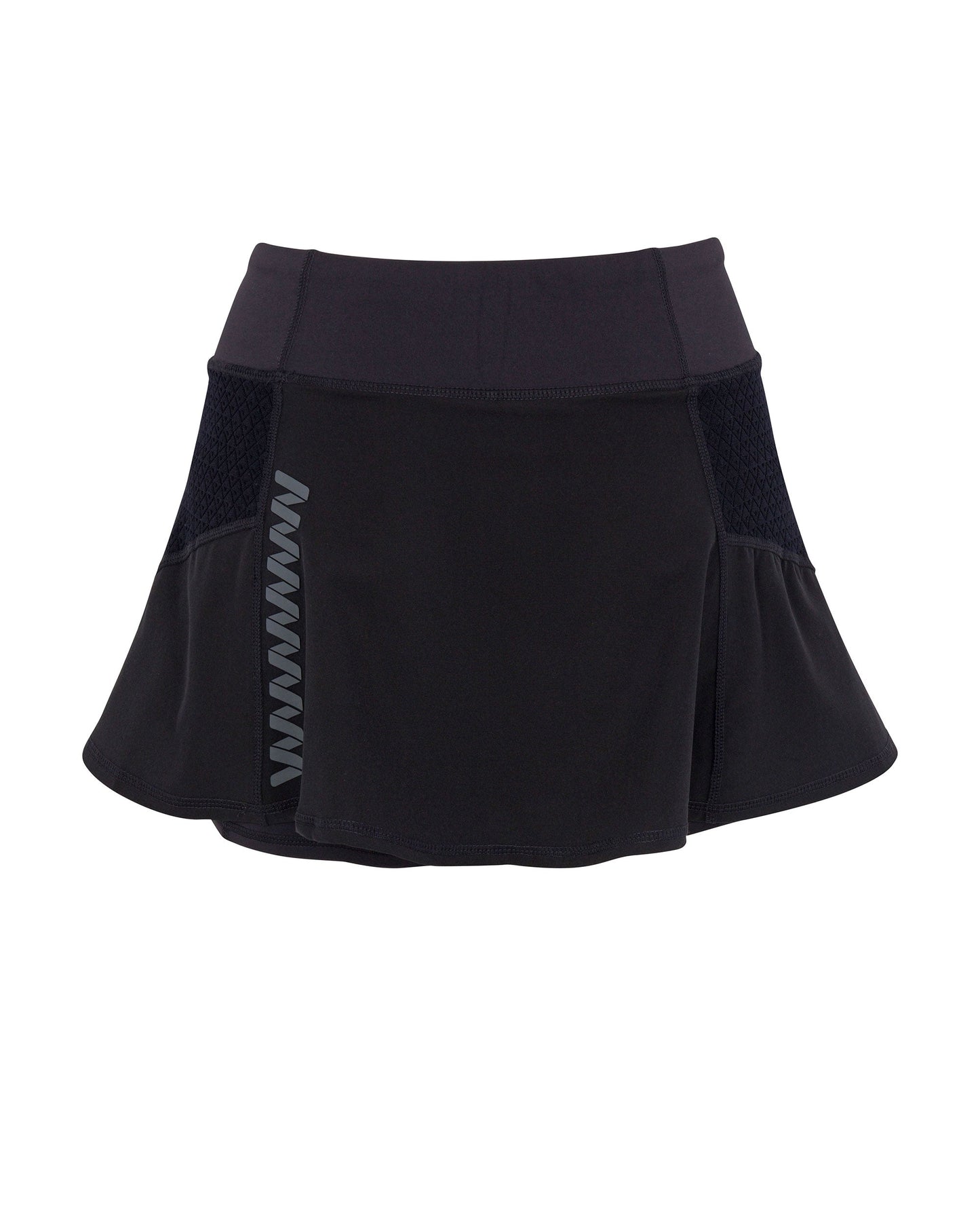 The Wringer Wear Moab Skirt is a black athletic skirt with a wide waistband, subtle mesh side panels, an A-line silhouette, vertical reflective zigzag pattern, and moisture-wicking fabric—ideal for sports or active wear.