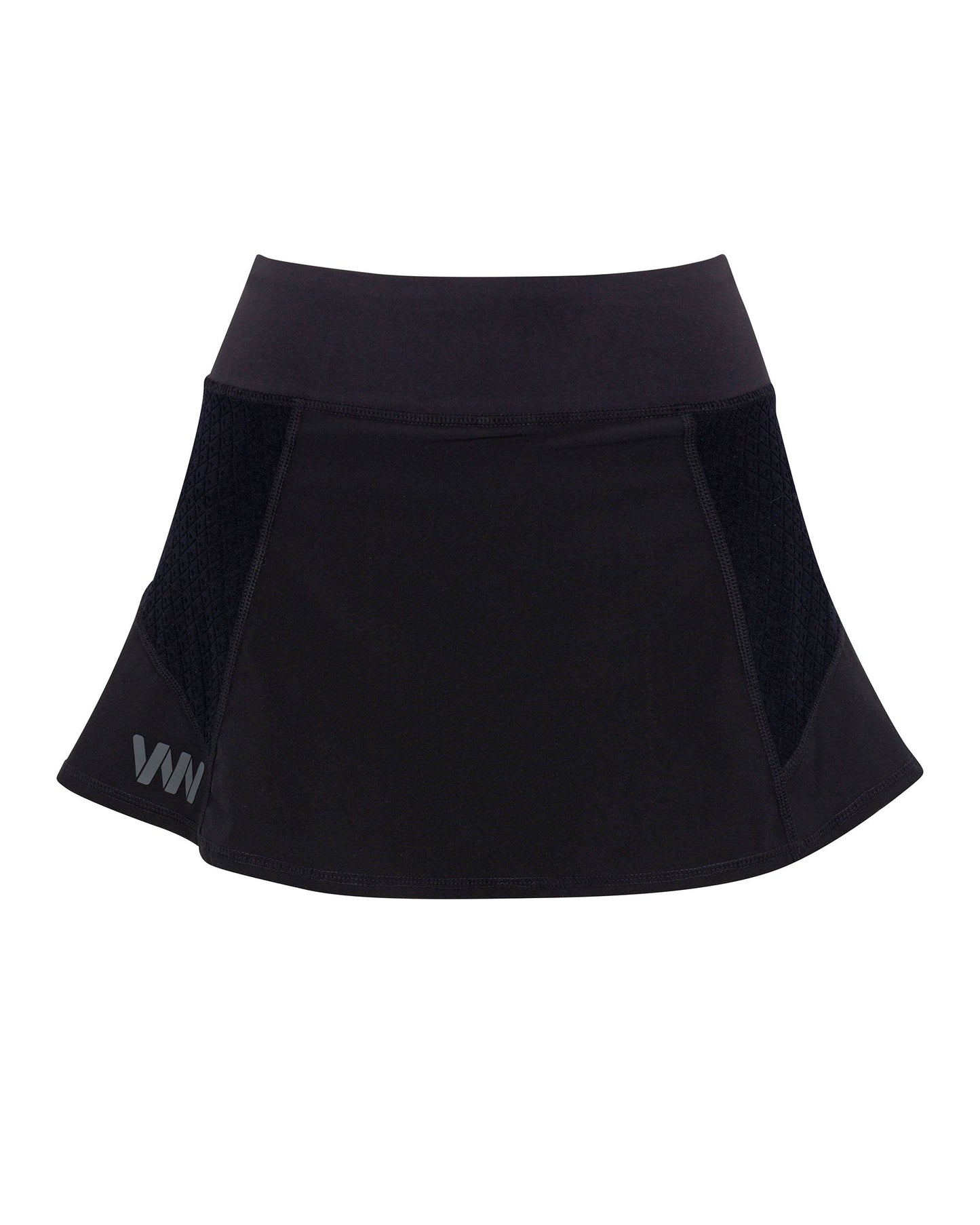 The Moab Skirt by Wringer Wear is a black athletic skirt with a flared hem and wide waistband. Made from smooth, moisture-wicking fabric, it features mesh-like side panels for breathability and a small reflective WN logo near the hem. Plain white background.
