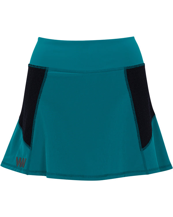 The Wringer Wear Moab Skirt features a teal, A-line silhouette with black side panels and a wide waistband. This lightweight, stretchy, moisture-wicking skirt is court-ready and showcases the WM logo—perfect for athletic activities.