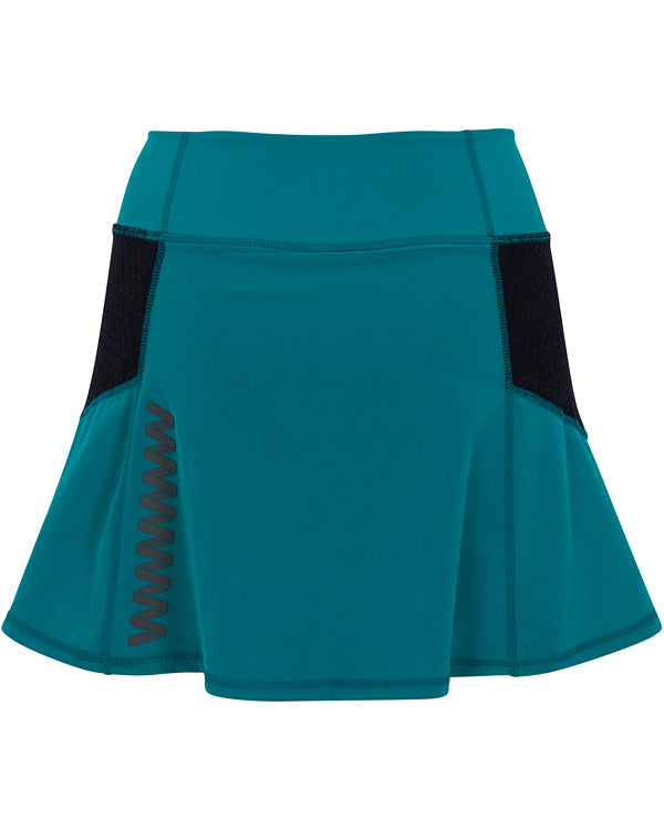 The Wringer Wear Moab Skirt features a teal court-ready design with black mesh side panels, a flared hem, wide waistband, and zigzag detail. Its smooth, stretchy fabric wicks moisture—ideal for sports or active wear. Signature style by Wringer Wear.