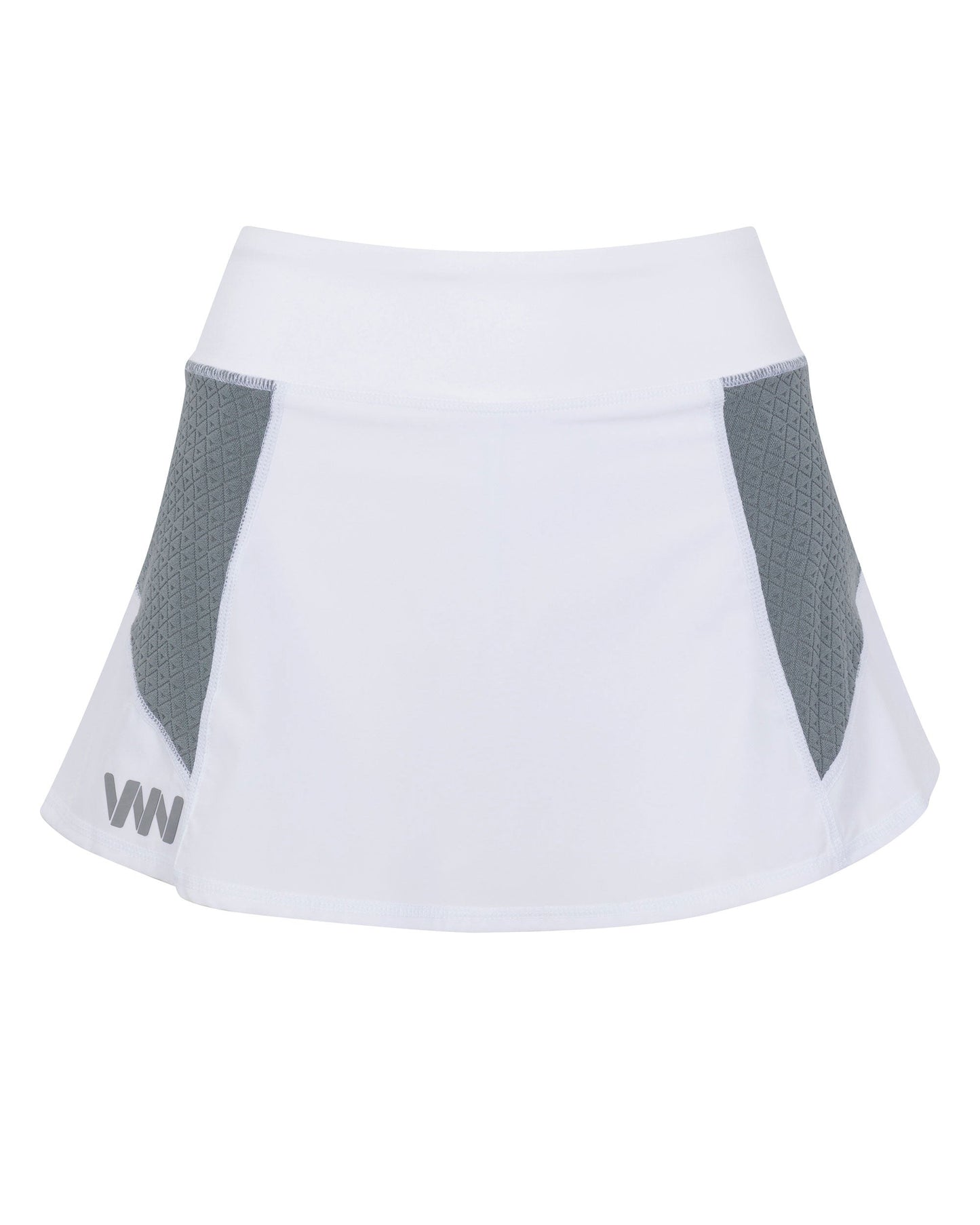 The Wringer Wear Moab Skirt features a flared white athletic design with two geometric gray textured panels, a wide waistband, and the VNV logo in light gray on the bottom left hem. Signature sporty style from Wringer Wear.