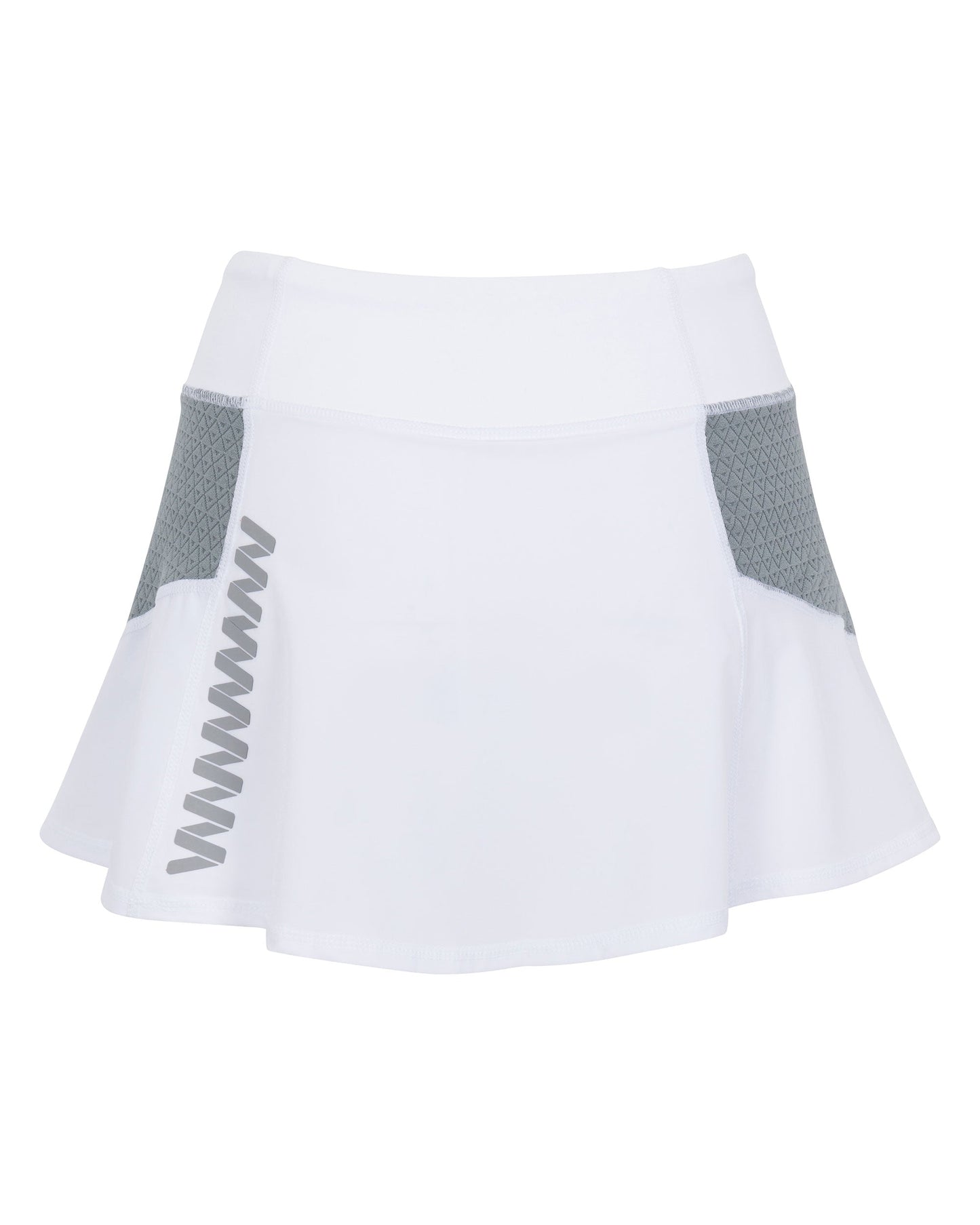 The Wringer Wear Moab Skirt features a flared hem, two textured gray hip panels, and a vertical gray zigzag on the left front. This white athletic skirt offers a fitted waist, smooth fabric, and moisture-wicking performance. Signature design by Wringer Wear.