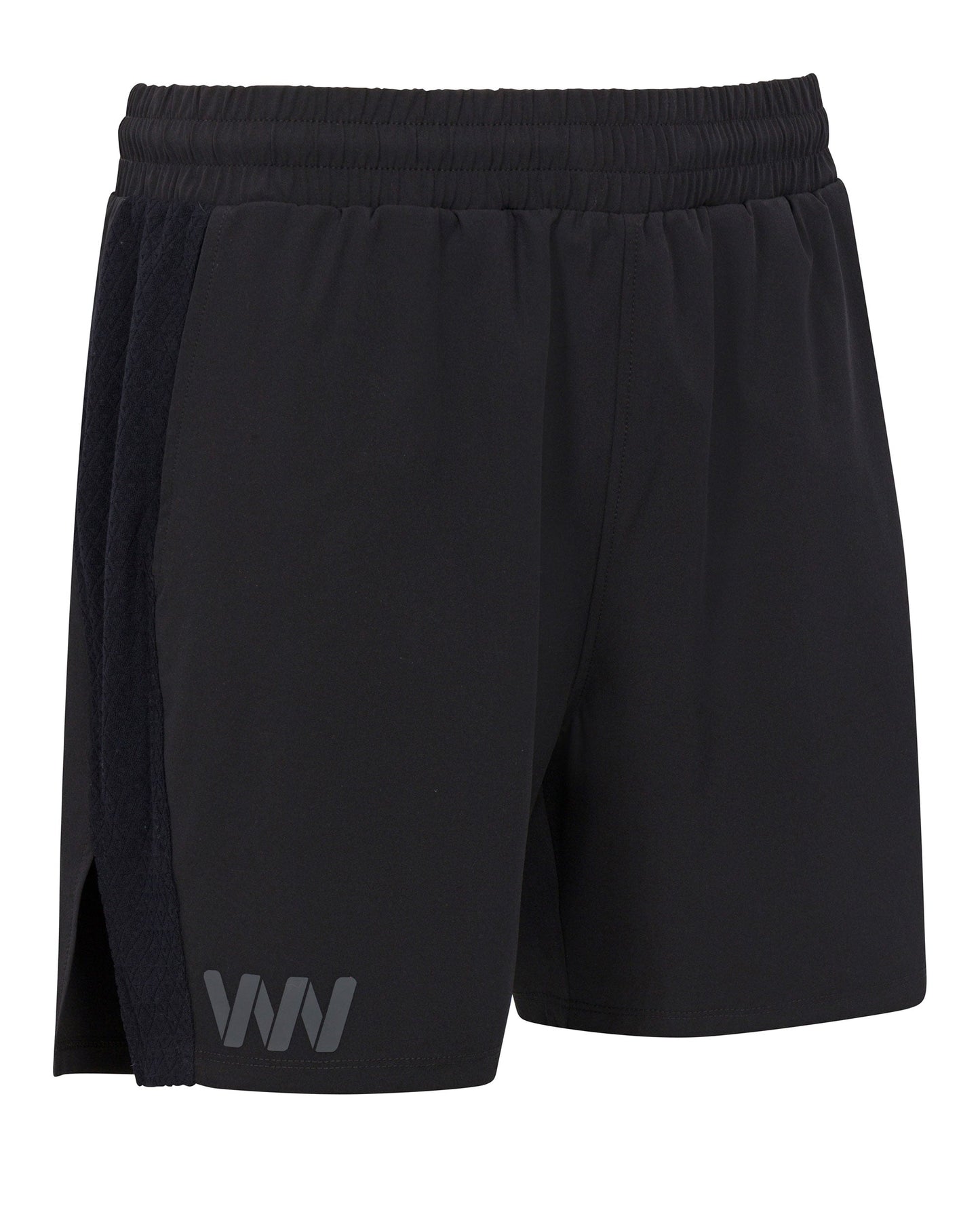 Wringer Wear’s Mojave Performance Shorts are lightweight, breathable activewear with a 6" inseam, elastic waistband, side slit, moisture-wicking fabric, and a gray “WW” logo—perfect for running or training in comfort and style.