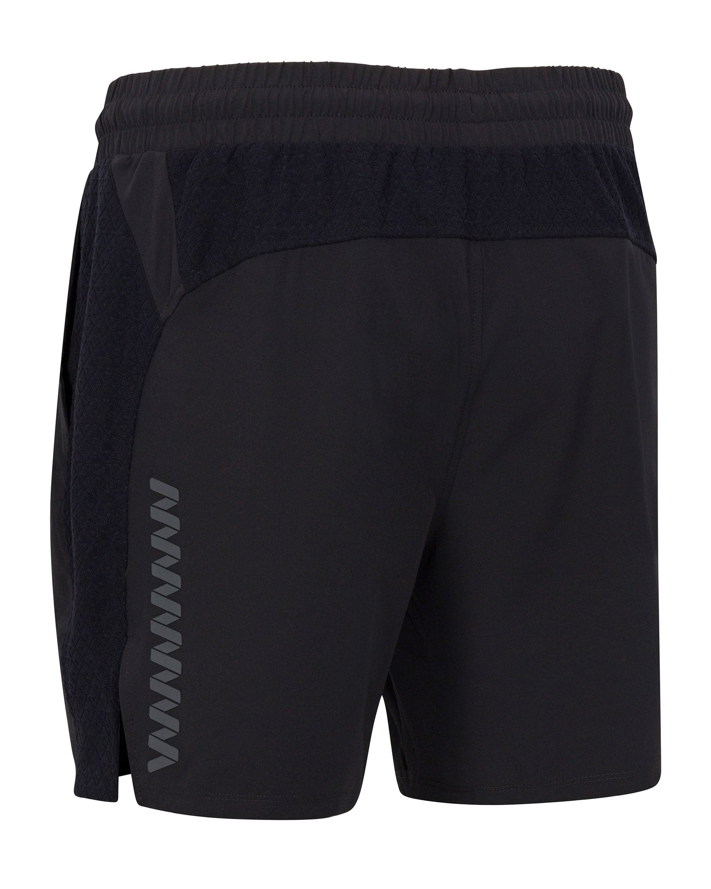 The Wringer Wear Mojave Performance Shorts 6" Lined are black shorts with an elastic waistband, lightweight moisture-wicking fabric, textured side panels, and a reflective zigzag strip on the left thigh for visibility.