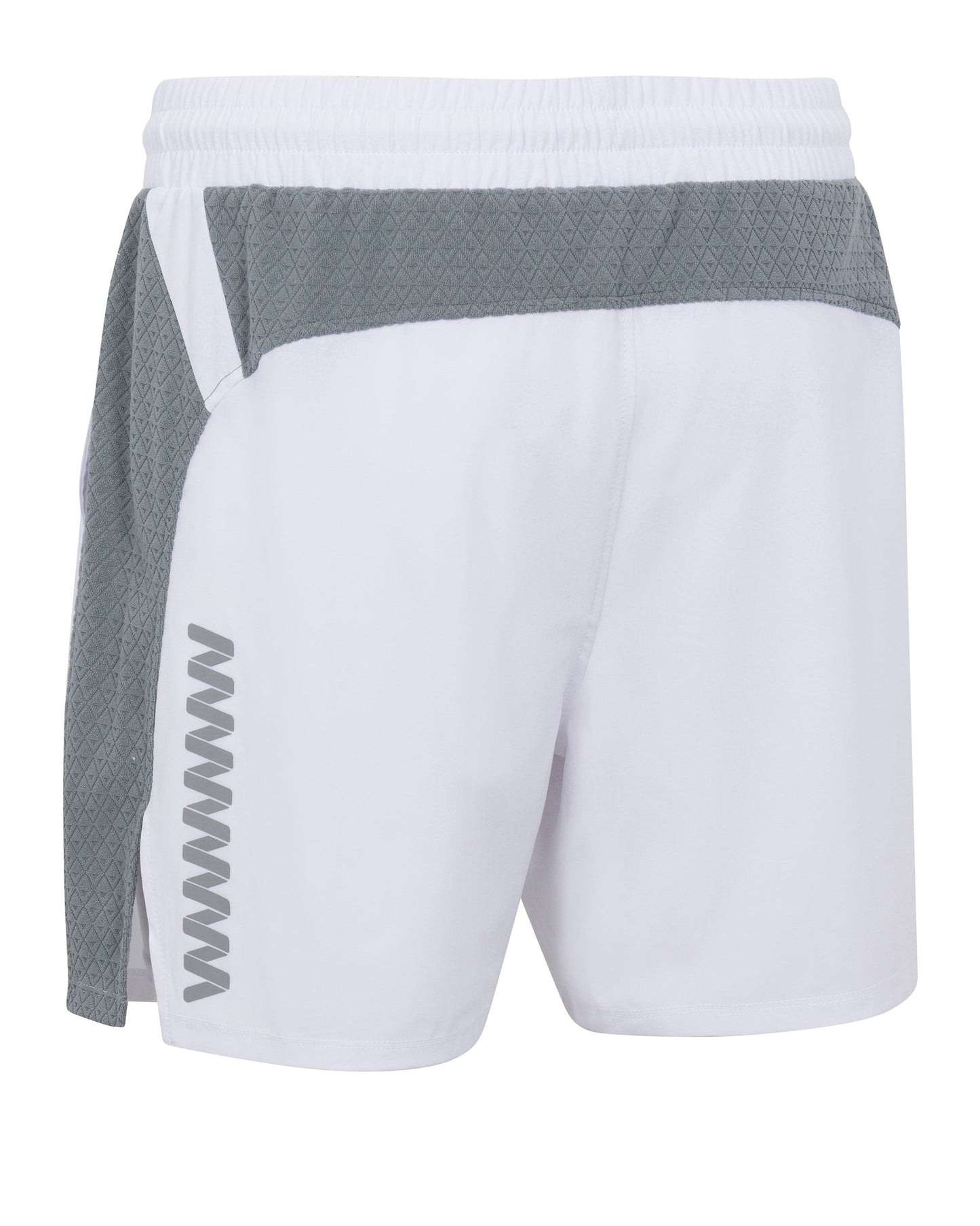 The Mojave Performance Shorts 6" Lined by Wringer Wear feature an elastic waistband, a textured gray panel on the top and side, five gray W shapes on the left thigh, and are made from lightweight, breathable, moisture-wicking fabric.