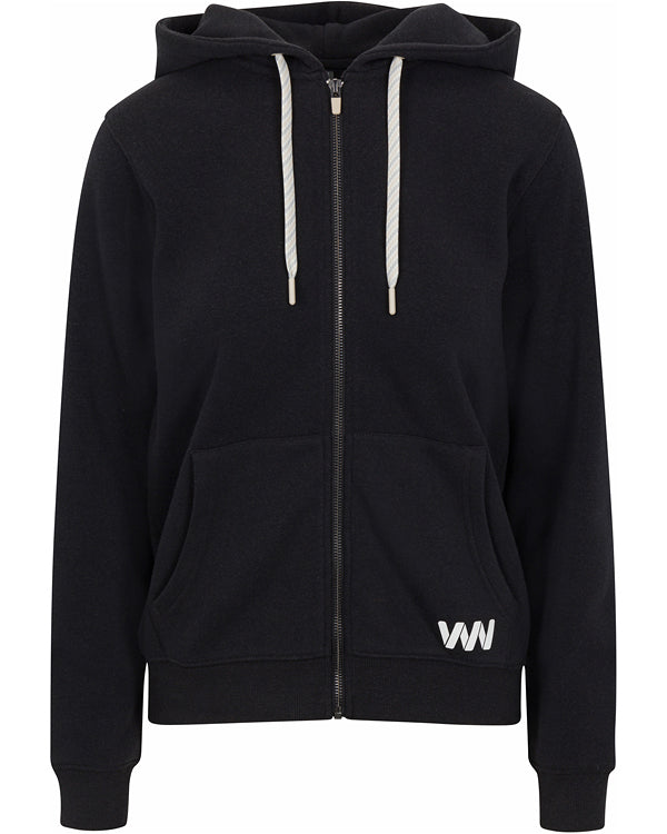 The Wringer Wear Women's Core Zip Hoodie is black with a hood, white drawstrings, and two front pockets. It features a small white "WN" logo on the lower left front near the pocket. The background is plain white.