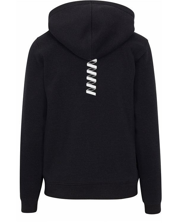 The Women's Core Zip Hoodie by Wringer Wear is shown from the back in black, featuring a vertically centered white zigzag stitched design below the hood. The rest of the hoodie is plain with no additional patterns or decorations.