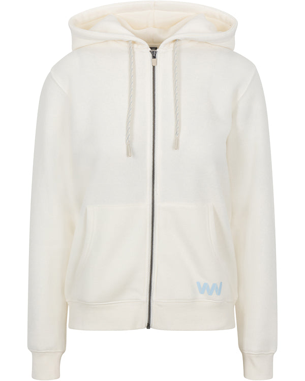 The Women's Core Zip Hoodie by Wringer Wear is an off-white hoodie with a drawstring hood, front zipper, two front pockets, ribbed cuffs and hem, and a small light blue WW logo near the bottom right pocket.