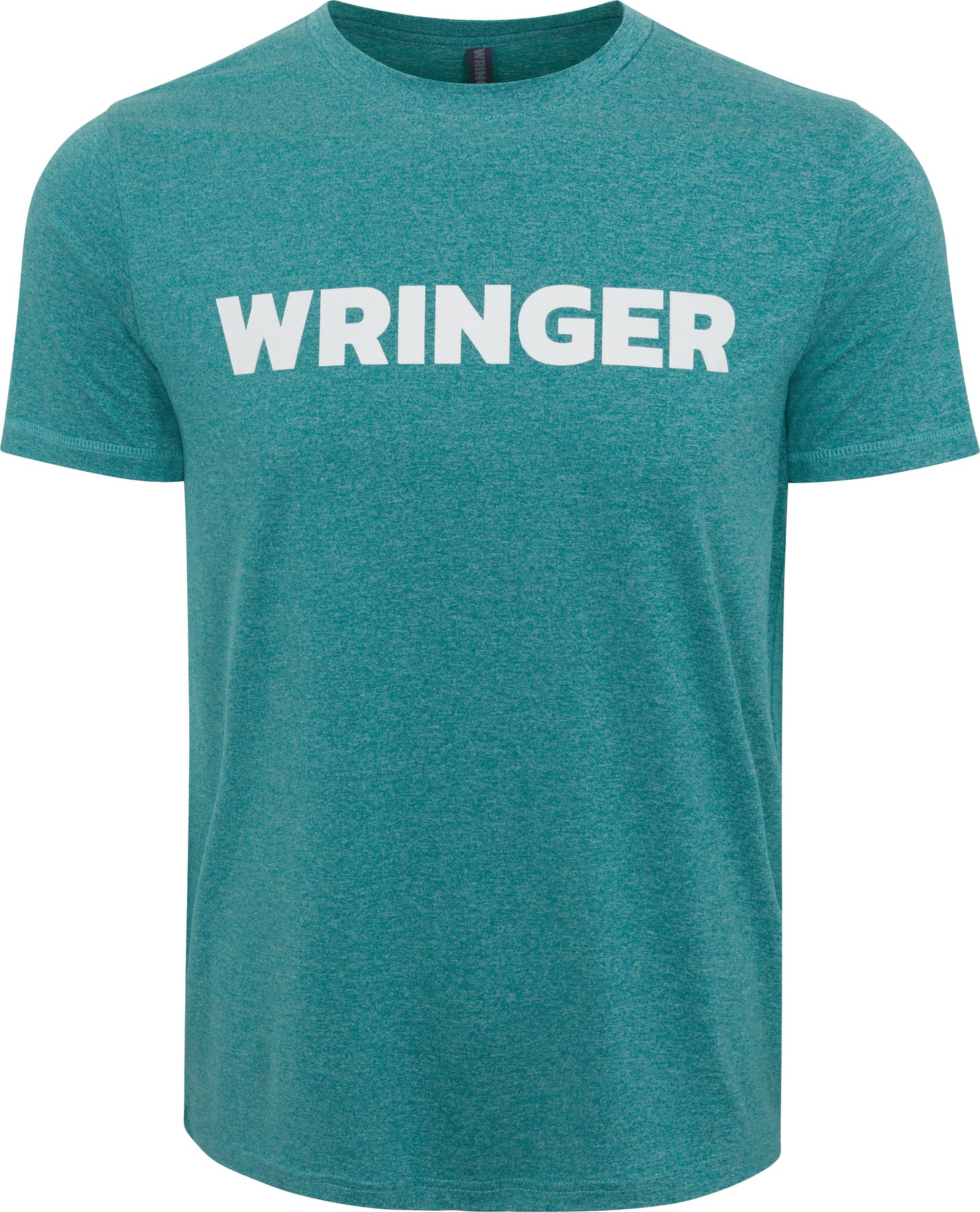 The men's short sleeve WRINGER t-shirt by Wringer Wear features a teal athletic fit, bold white WRINGER lettering across the chest, breathable lightweight fabric, a simple crew neck, and a slightly heathered finish.