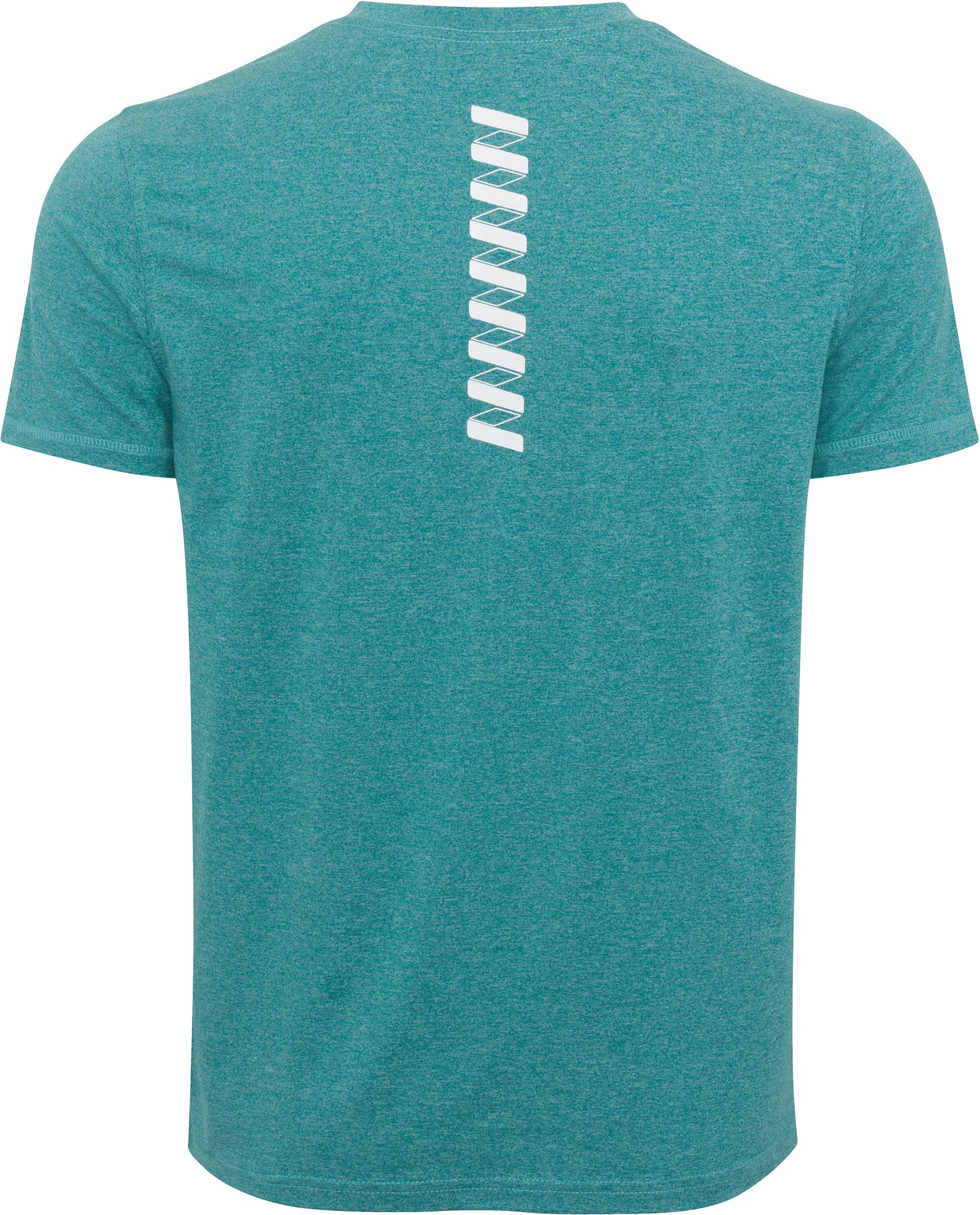 The Men's Short Sleeve WRINGER T-shirt by Wringer Wear features an athletic fit in teal, with ten small white angled rectangles vertically down the upper back. Made from breathable, lightweight fabric for performance comfort and a clean, graphic-free design.
