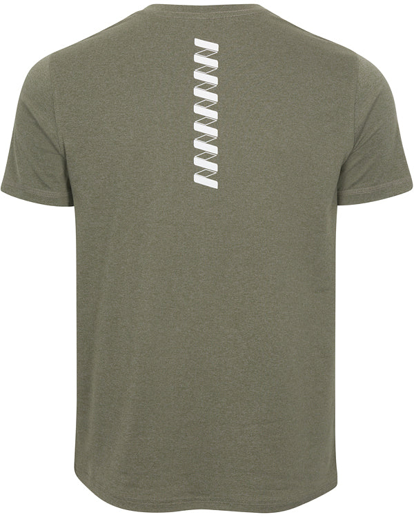 Back view of the olive green Men's Short Sleeve WRINGER T-shirt by Wringer Wear, featuring a minimalist design with a vertical row of white zigzag N-shaped prints down the upper back, made from breathable fabric with no visible logos or extra details.