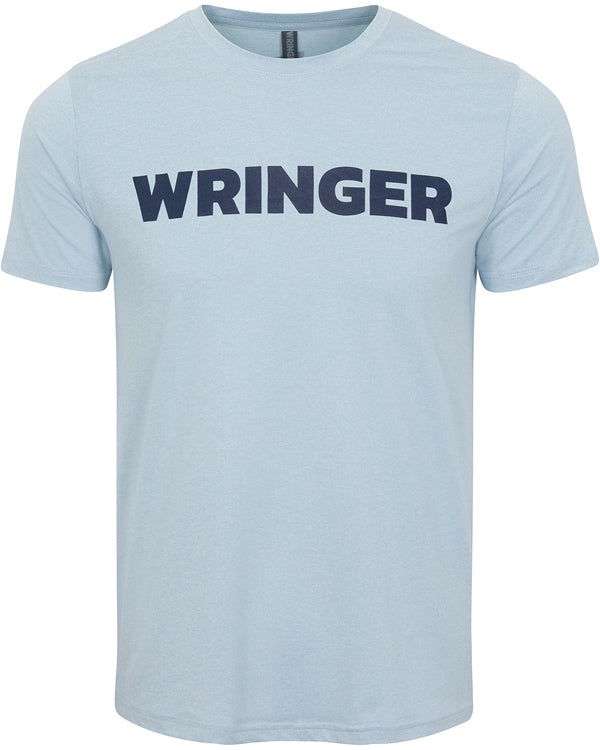 The Men's Short Sleeve WRINGER T-shirt by Wringer Wear is a light blue, athletic fit cotton crew neck tee with bold black "WRINGER" text across the chest, shown front-facing on a white background, no model included.