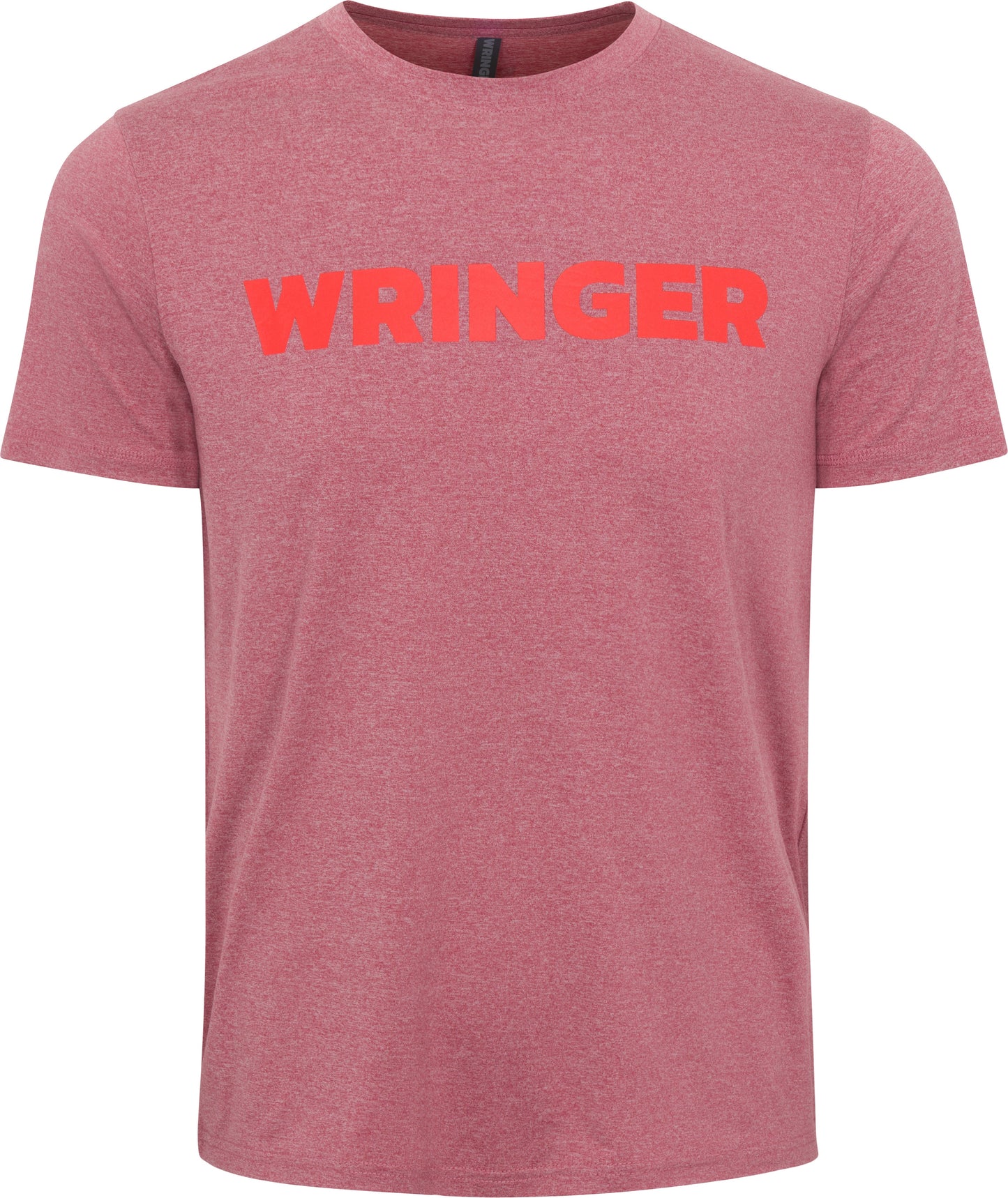 The Men's Short Sleeve WRINGER T-shirt by Wringer Wear is shown in heathered red with “WRINGER” in bold, uppercase red letters across the chest on a breathable fabric. Only the front view is displayed against a white background.