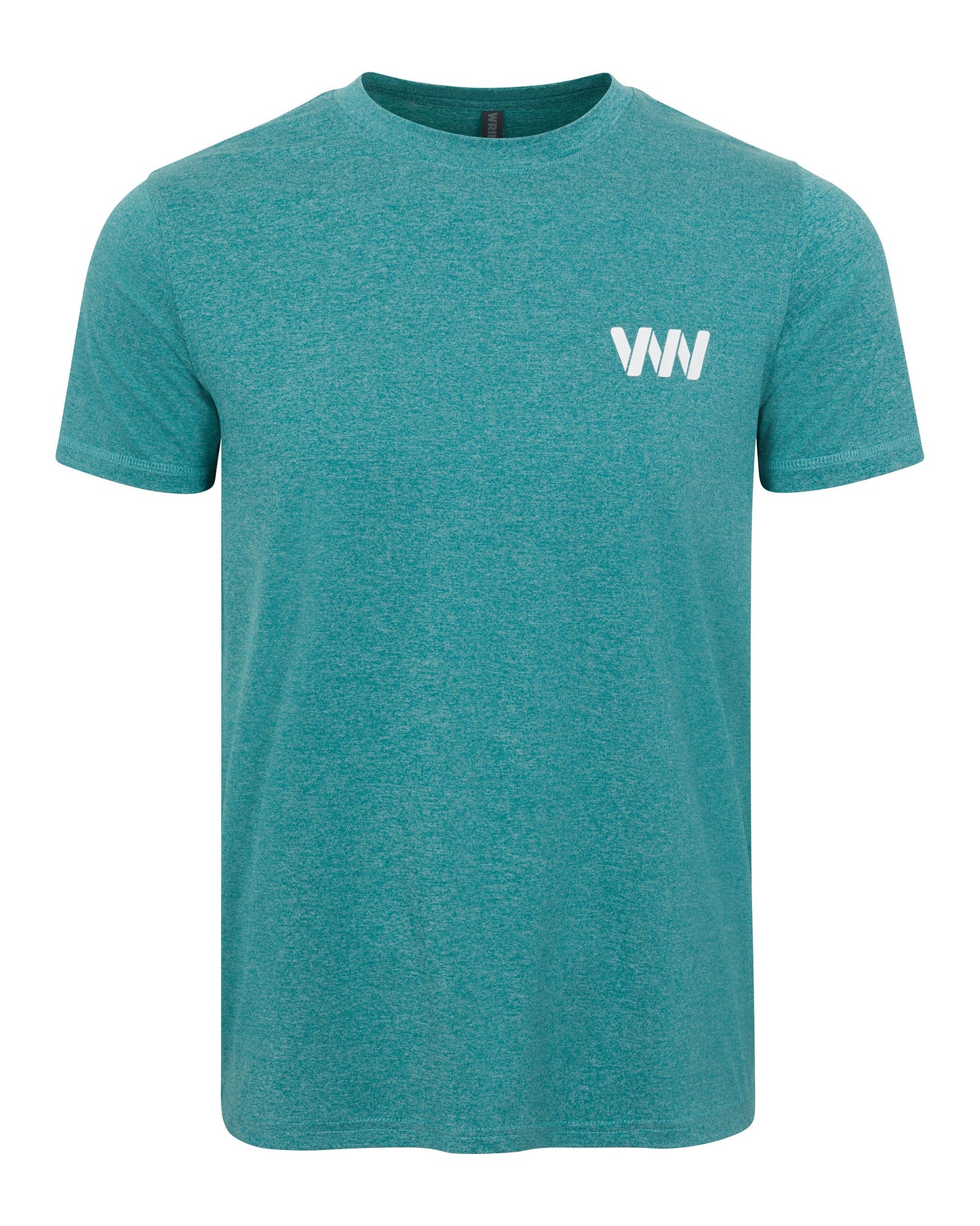 The Men's Short Sleeve Logo T-shirt by Wringer Wear is shown in teal with a heathered texture on a white background. A small white Wringer logo with bold VNI letters is displayed on the upper left chest.