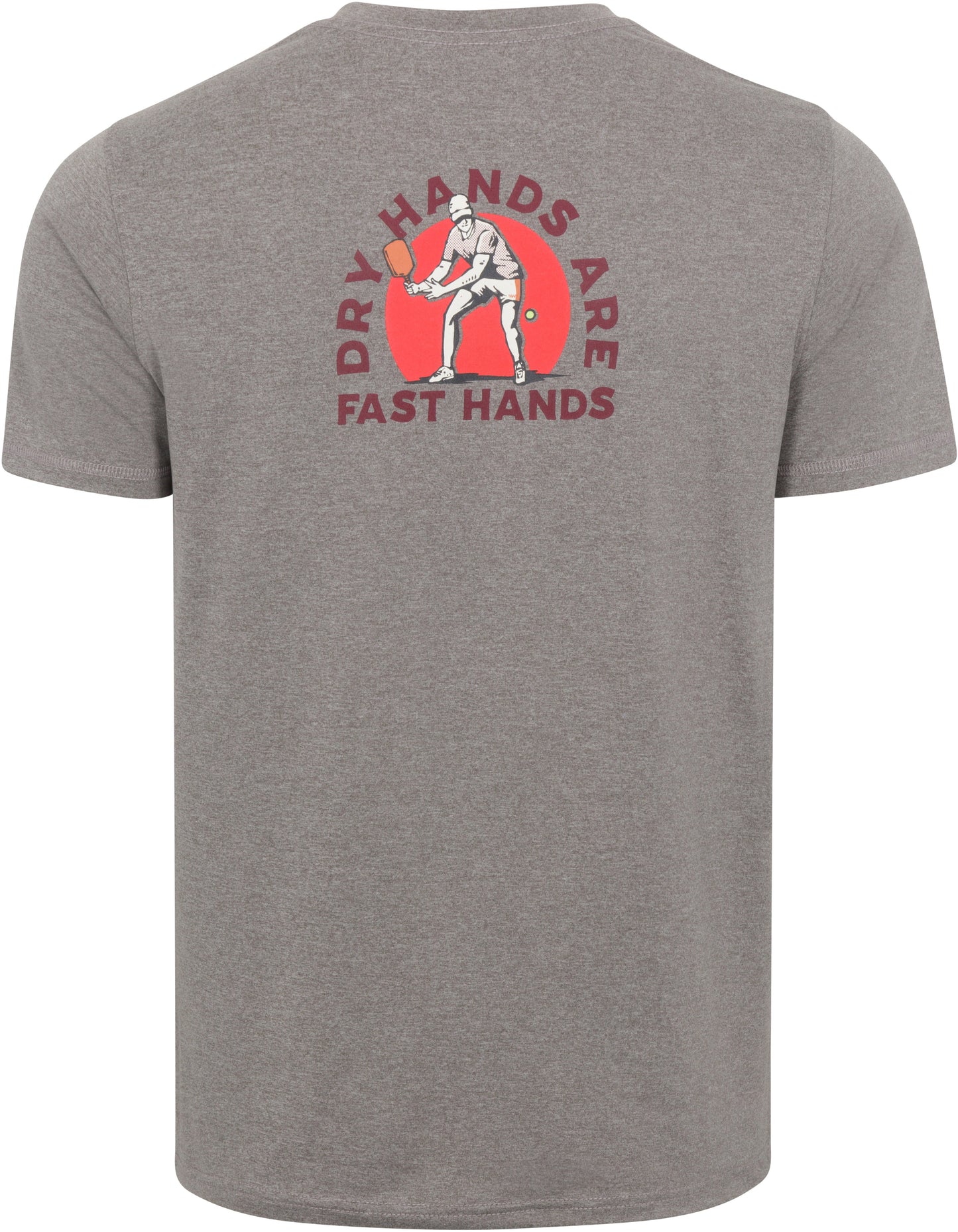 Back of the Men's Short Sleeve Fast Hands Graphic Tee by Wringer Wear features a bold baseball player catching a ball in front of a red circle, with “DRY HANDS ARE FAST HANDS” curved above. Athletic cut for a performance-ready fit.