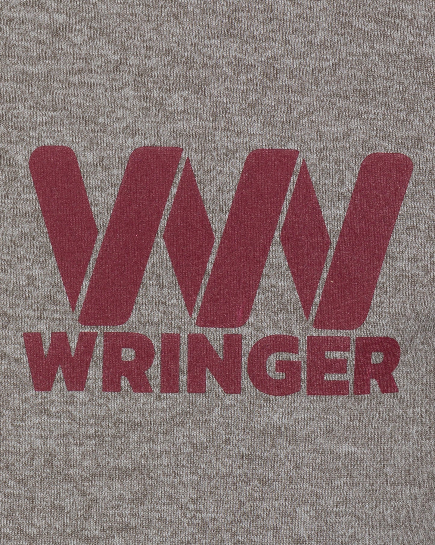 The Men's Short Sleeve Fast Hands Graphic Tee from Wringer Wear in heather gray features a bold maroon graphic of two overlapping “W”s above “WRINGER,” combining an athletic cut and textured fabric for style and performance.