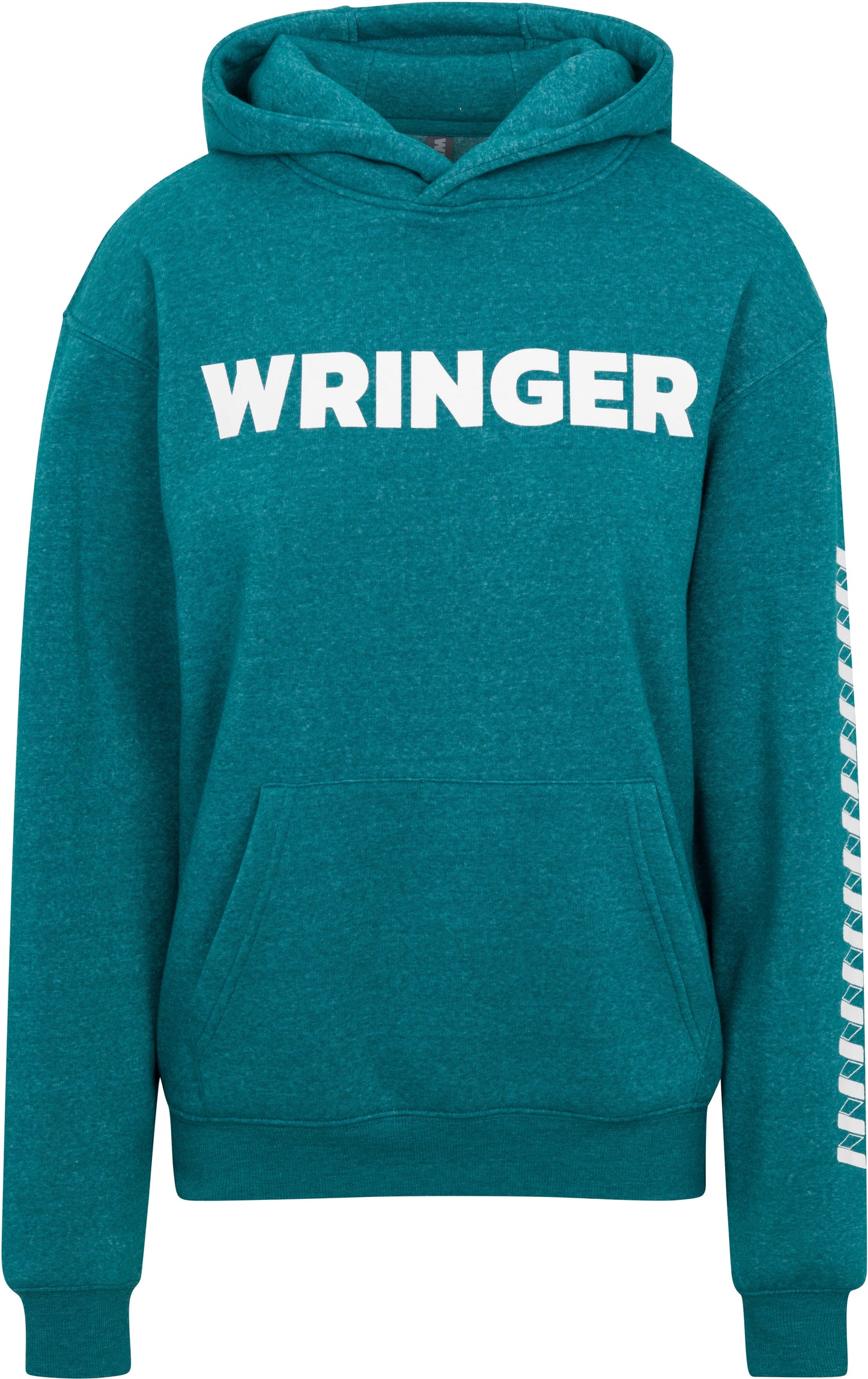 The Core Wringer Graphic Hoodie Pullover by Wringer Wear features bold white "WRINGER" lettering on teal, a large front pocket, ribbed cuffs and hem, plus a striking white vertical design on the left sleeve—perfect streetwear for winter layering.