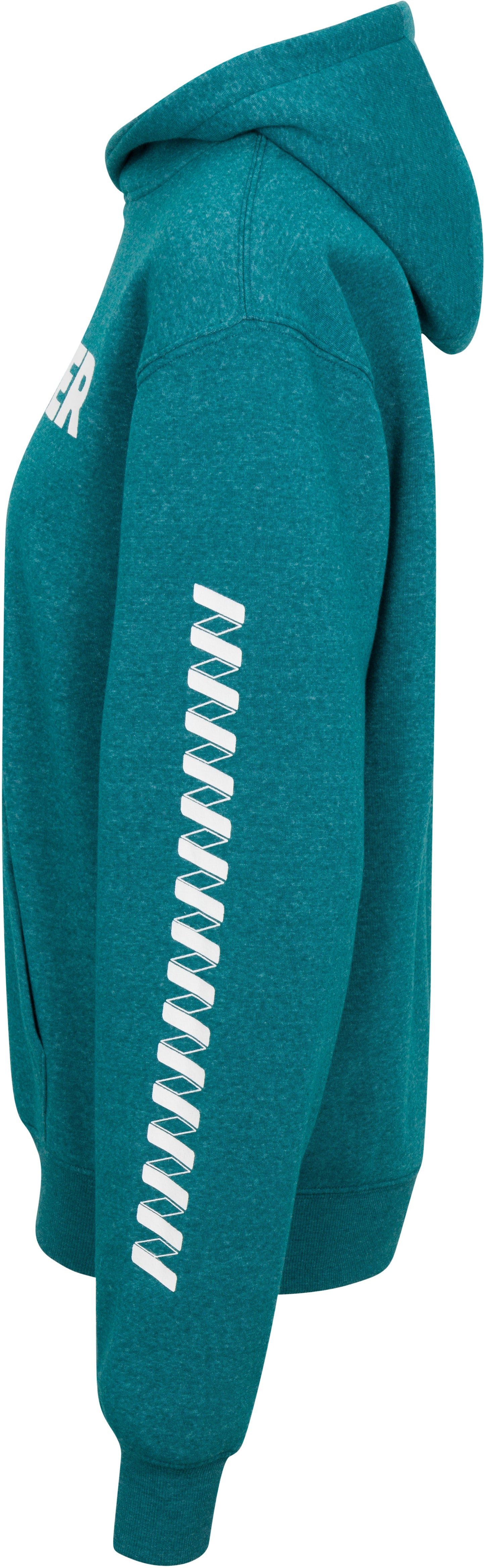 The Men's Core Wringer Graphic Hoodie by Wringer Wear is shown in teal from the side, featuring white horizontal sleeve stripes, ribbed cuffs and waistband, and a partial white printed word on the chest near the shoulder.