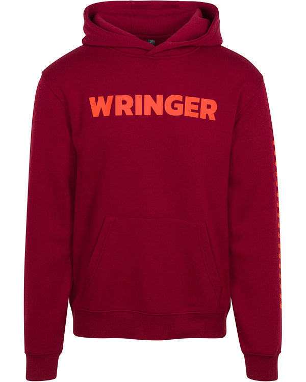 The Core Wringer Graphic Hoodie Pullover Sweatshirt from Wringer Wear is maroon with a front pocket and hood. "WRINGER" in bold orange uppercase letters is printed across the chest, while the sleeves and back remain plain.