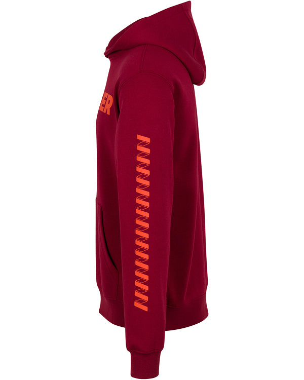 Side view of the Men's Core Wringer Graphic Hoodie by Wringer Wear in maroon, with a front pocket, orange zigzag sleeve graphic, and bold partial "POWER" lettering—blending athletic style and durability.