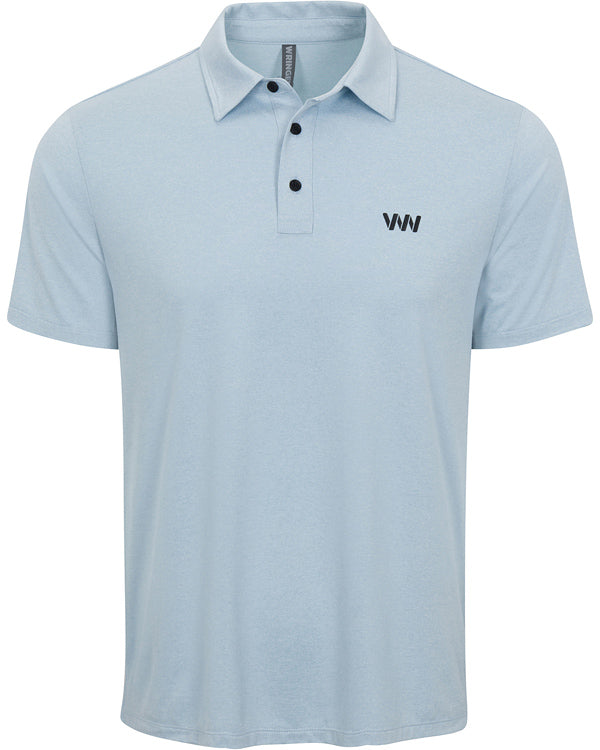The Wringer Wear Men's Everyday Short Sleeve Polo is light blue with a collar, three black buttons, and a small black VW logo on the left chest. It features smooth, breathable fabric, a relaxed fit, and no visible patterns or extra designs.