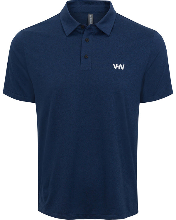 The Men's Everyday Short Sleeve Polo by Wringer Wear features an athletic cut, short sleeves, a navy blue color, a collared neckline with three black buttons, and a small white WN logo on the left chest. The shirt is plain with no extra designs.